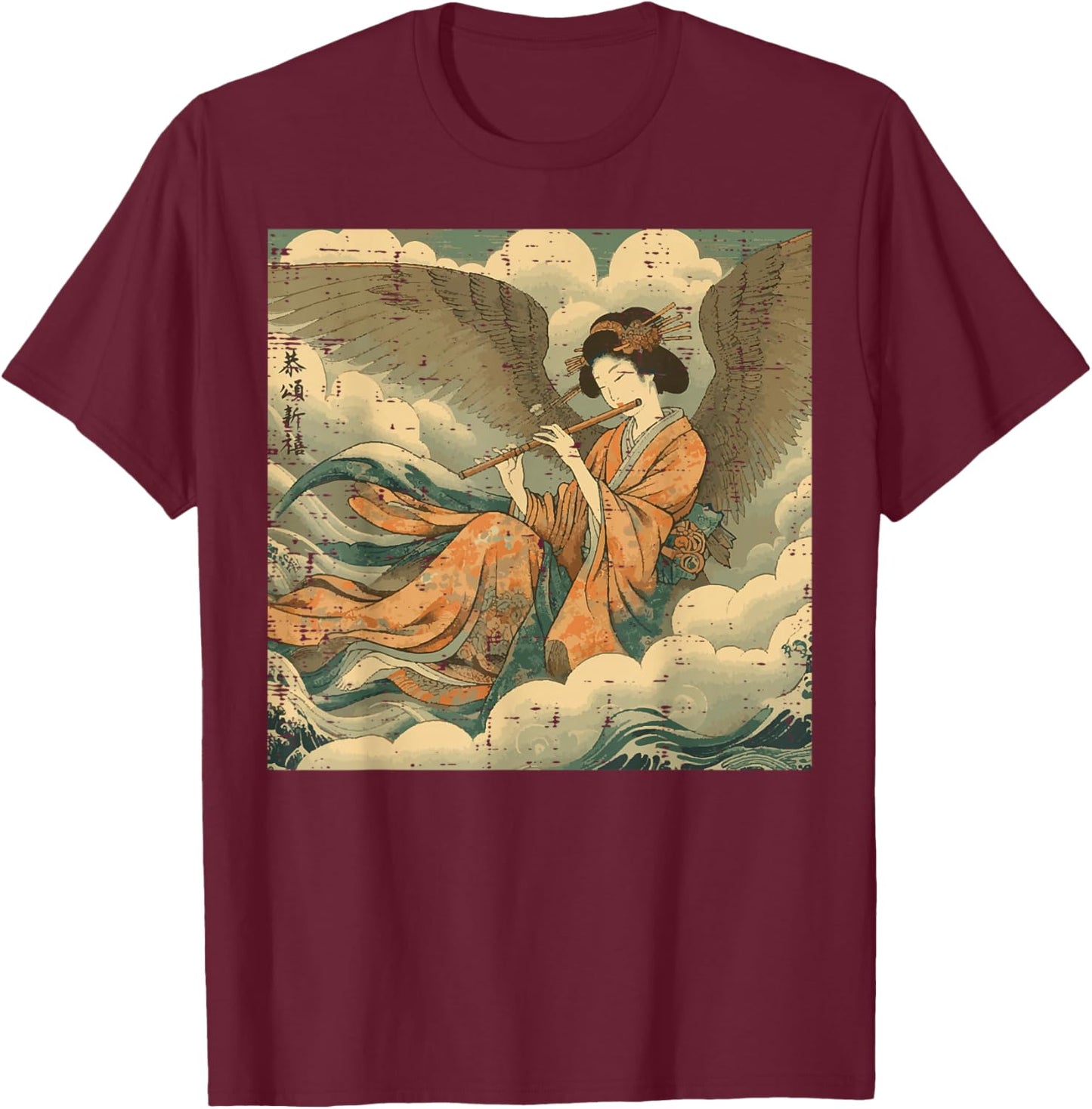 Japanese Woman Playing Flute Vintage Woodblock Women Men Kid T-Shirt - T-Shirt | Maroon