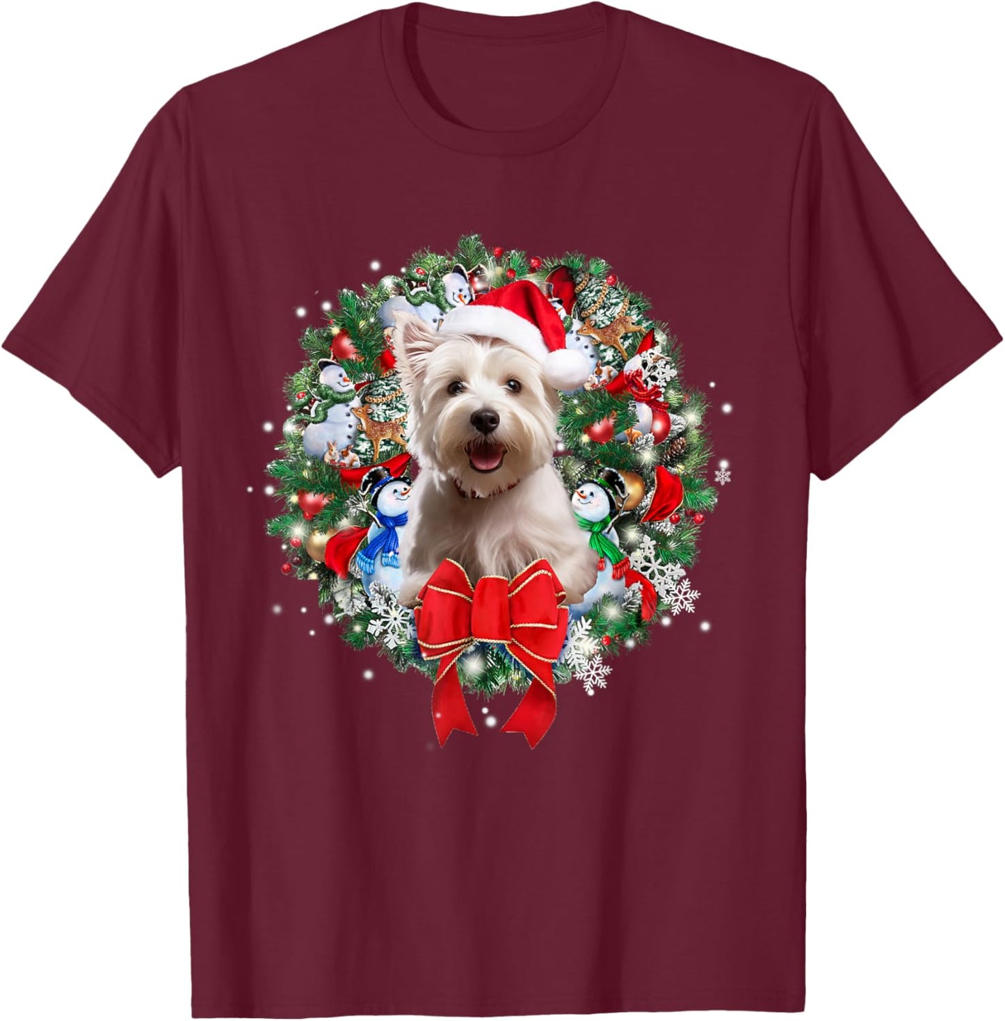 Westie Christmas Wreath Decoration Xmas Pajamas T-Shirt - T-Shirt | Maroon