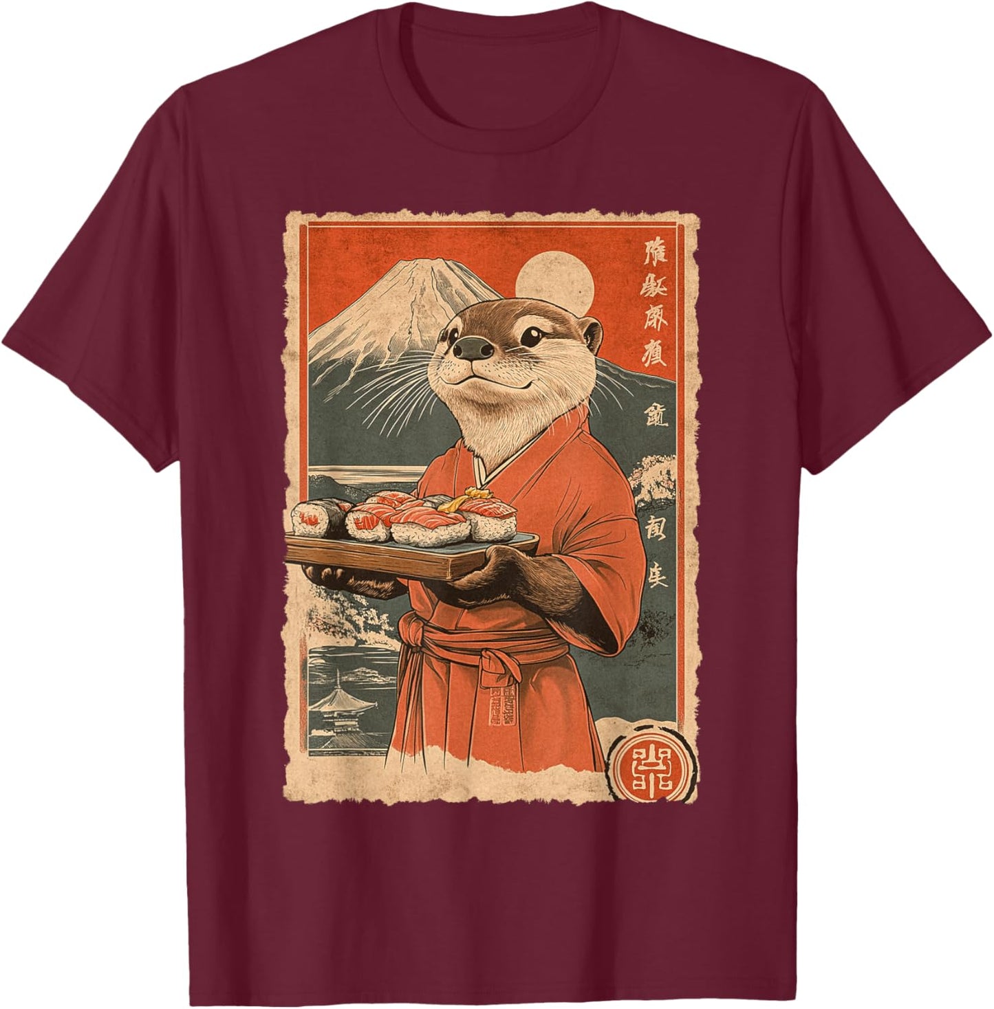 Funny Vintage Japanese Food Art Cute Sea Otter Sushi Chef T-Shirt - T-Shirt | Maroon