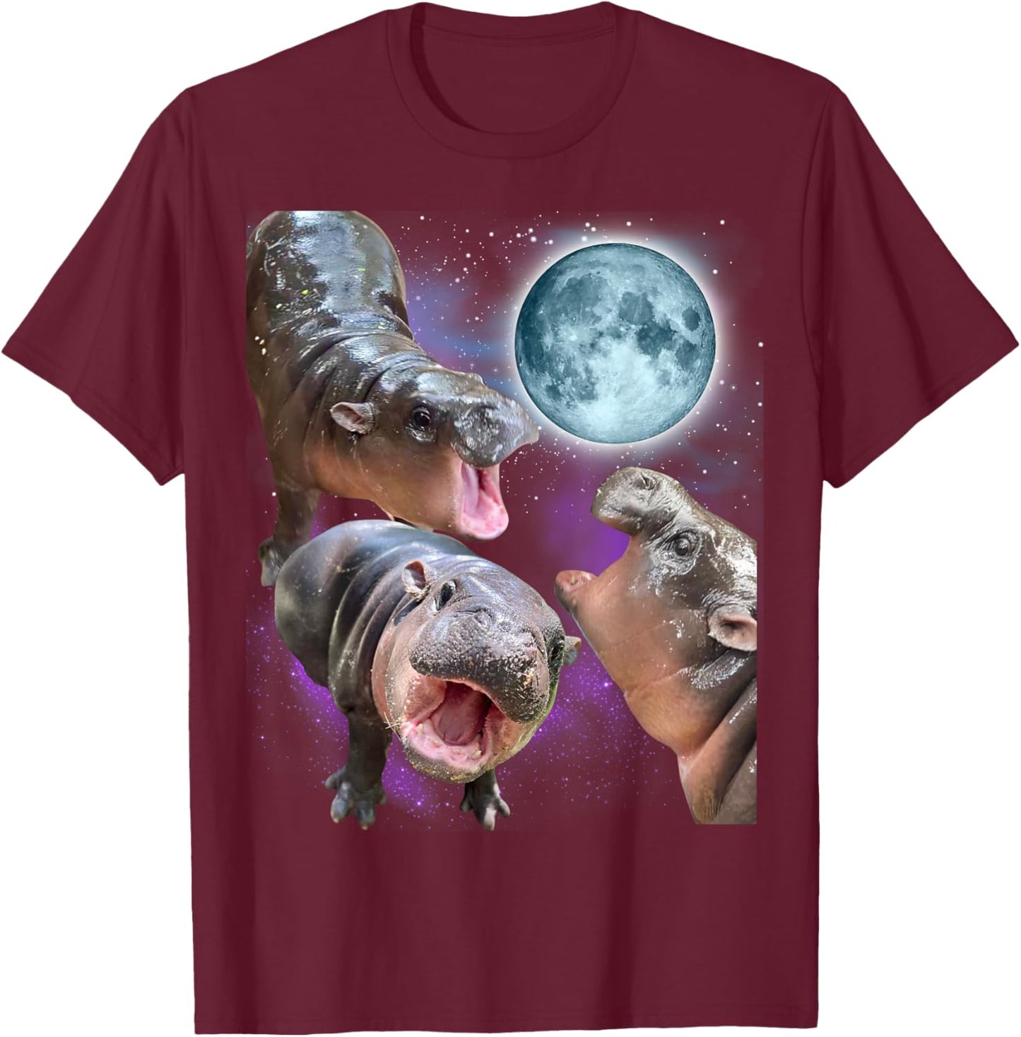 Moo-Deng 3 Hippos Moon Howling Hippo Head Cute Baby Hippo T-Shirt - T-Shirt | Maroon