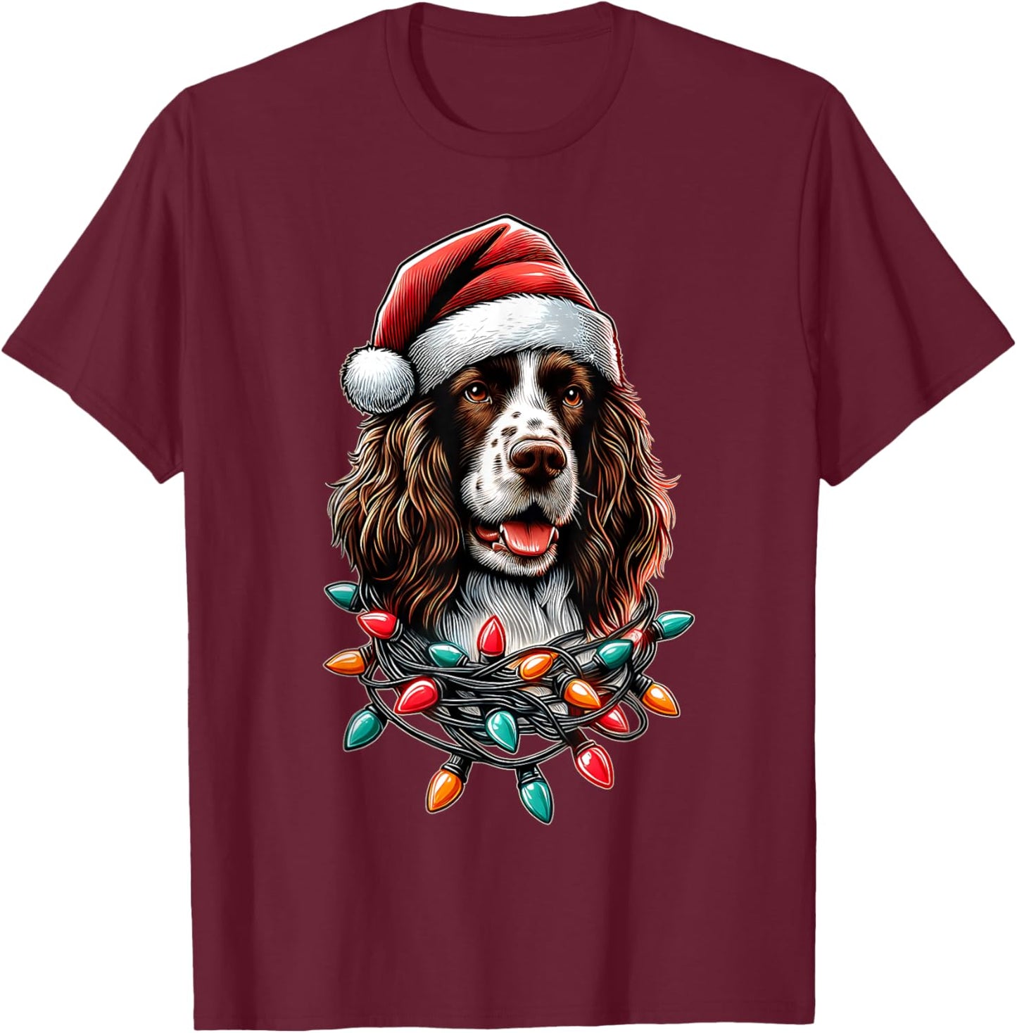 English Springer Spaniel Dog Christmas Hat Xmas T-Shirt - T-Shirt | Maroon