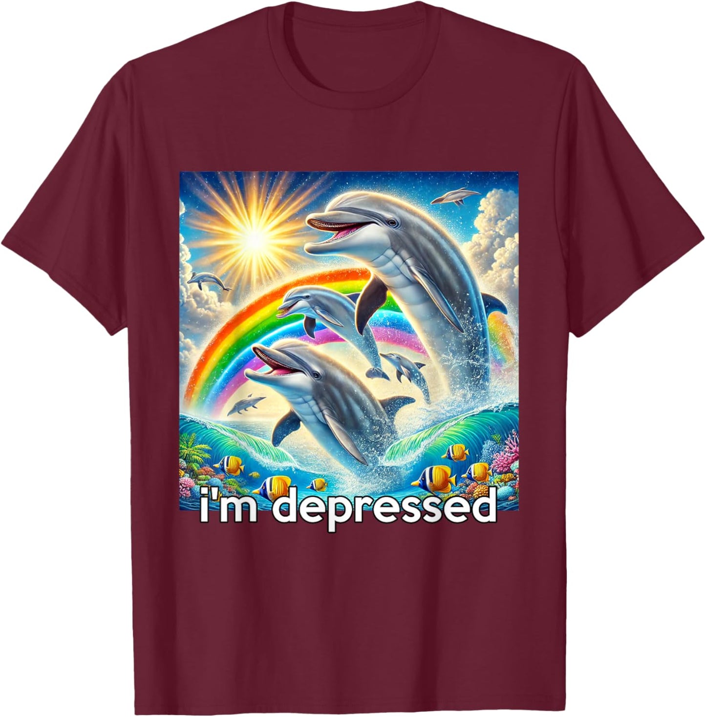 Rainbow Dolphin Men Hopecore Meme, Depressed T-Shirt - T-Shirt | Maroon