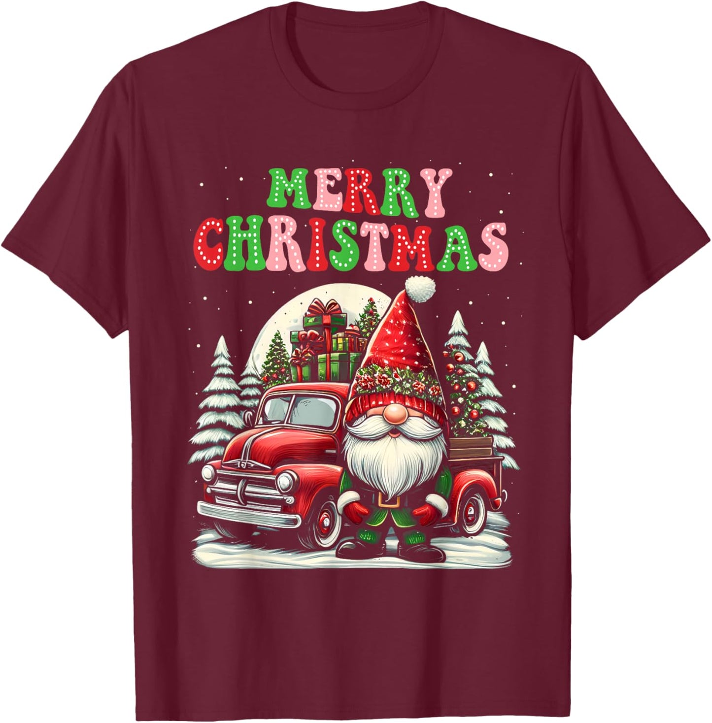 Groovy Merry Christmas Gnomes Red Truck Xmas Gnomes Lover T-Shirt - T-Shirt | Maroon