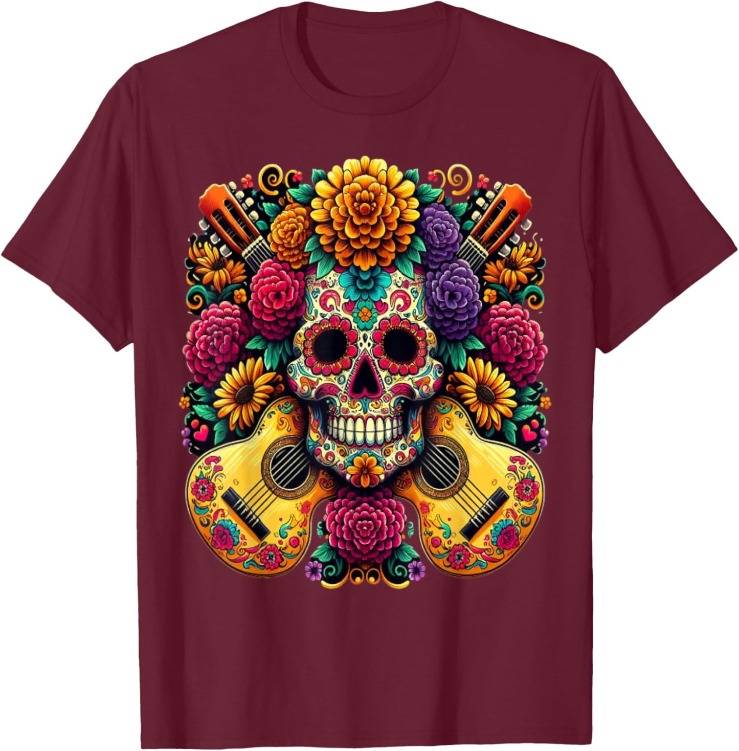 Flower Guitar Skull Day of the Dead Gifts Mariachi T-Shirt - T-Shirt | Maroon