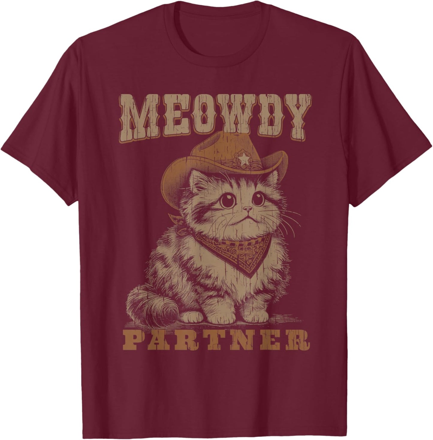 Meowdy Partner Funny Cat Cowboy Vintage Graphic T-Shirt - T-Shirt | Maroon