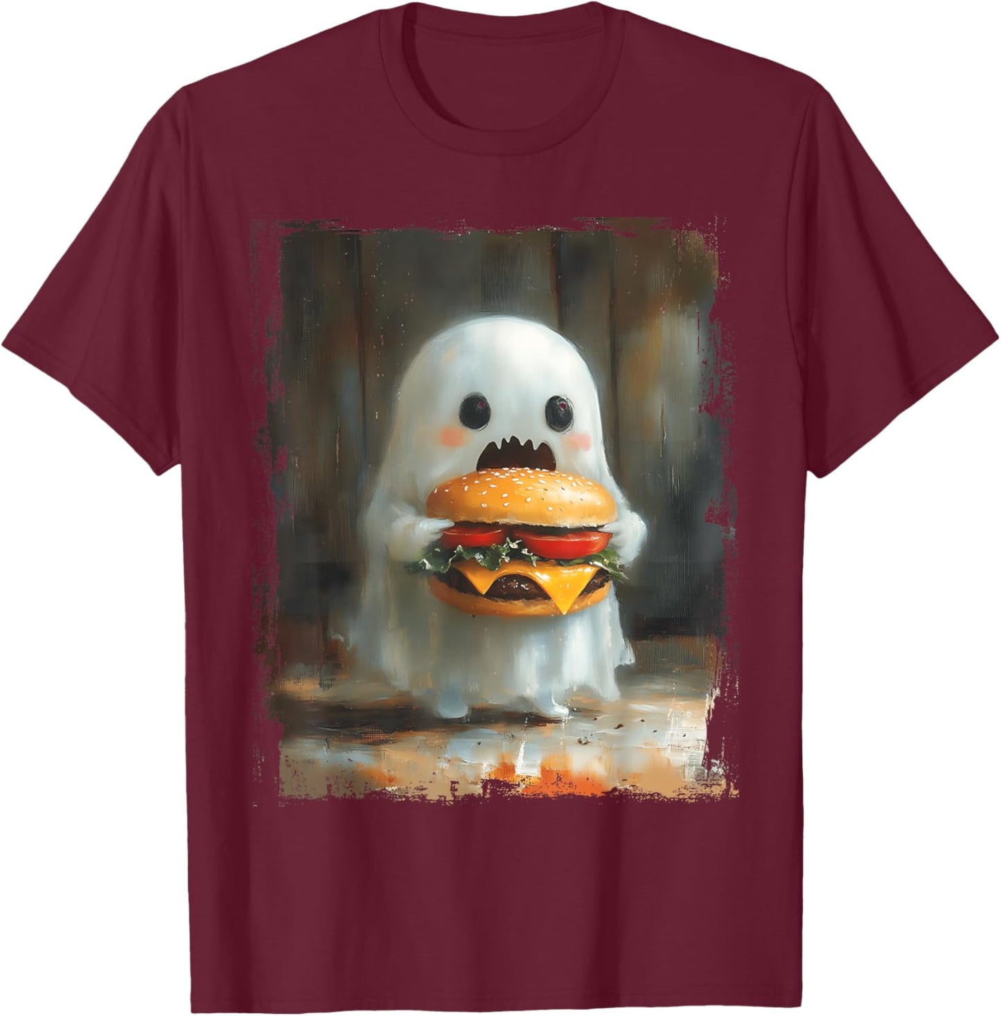Cute Hamburger Ghost Eating Burger Halloween Food Lovers T-Shirt - T-Shirt | Maroon