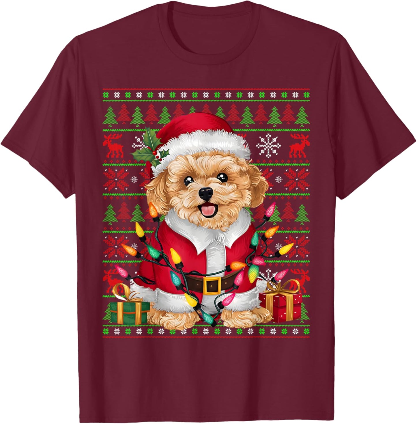 Maltipoo Dog Xmas Lights Ugly Santa Maltipoo Christmas T-Shirt - T-Shirt | Maroon