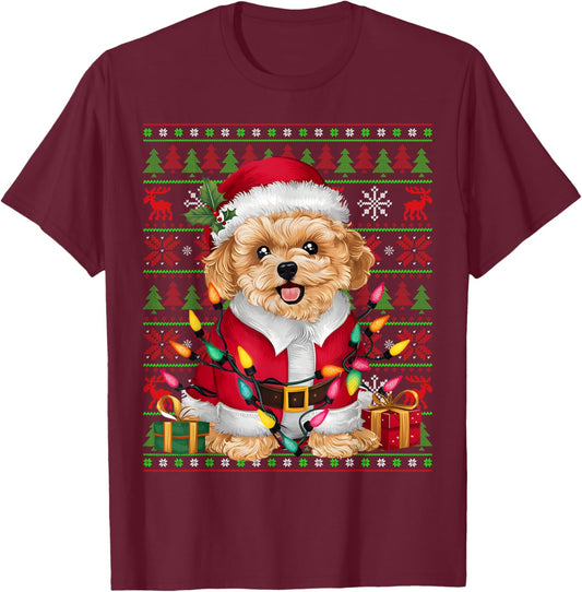 Maltipoo Dog Xmas Lights Ugly Santa Maltipoo Christmas T-Shirt - T-Shirt | Maroon