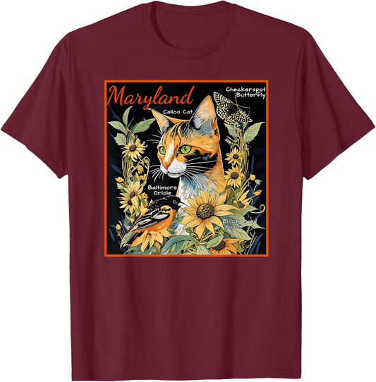 Maryland's Official Cat Butterfly and Bird a Colorful Art Men Women Kids T-Shirt - T-Shirt | Maroon