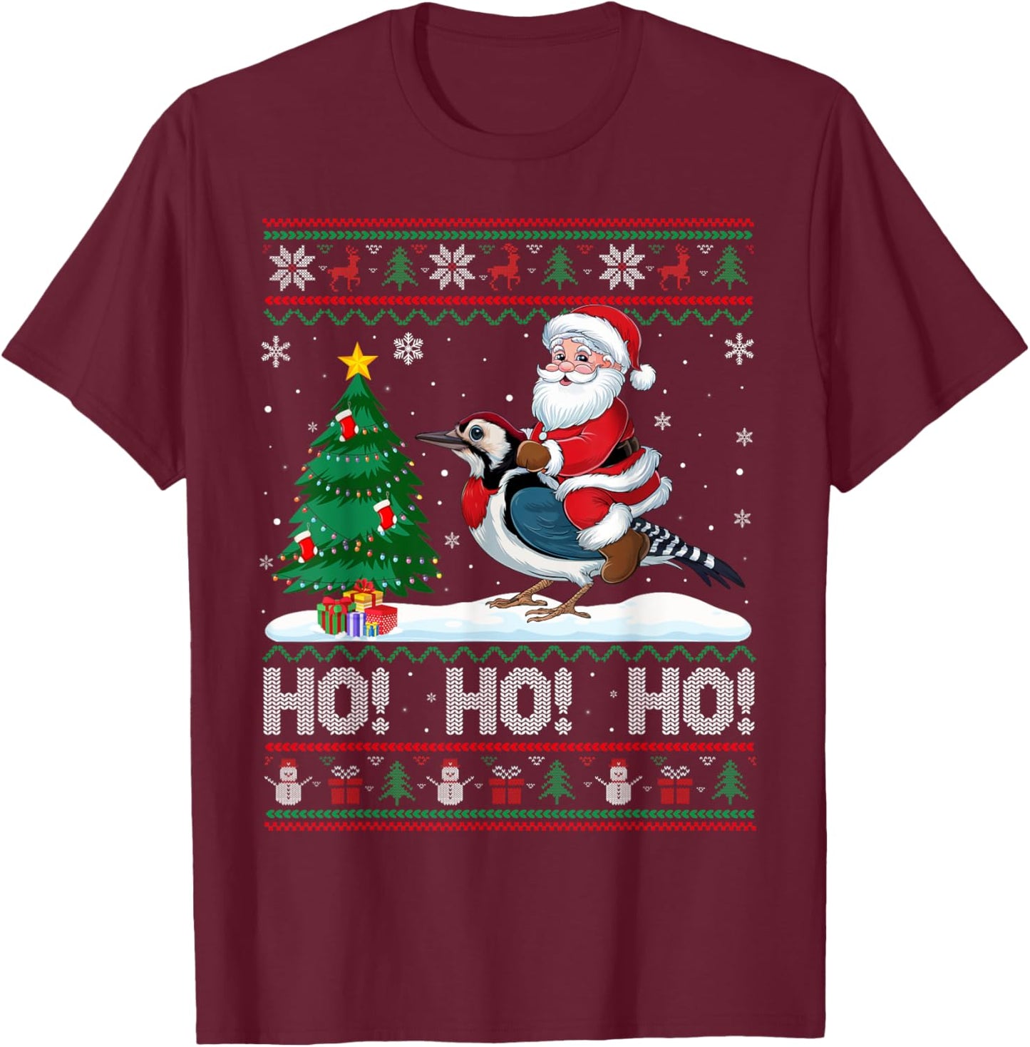 Xmas Tree Lighting Santa Riding Woodpecker Christmas T-Shirt - T-Shirt | Maroon