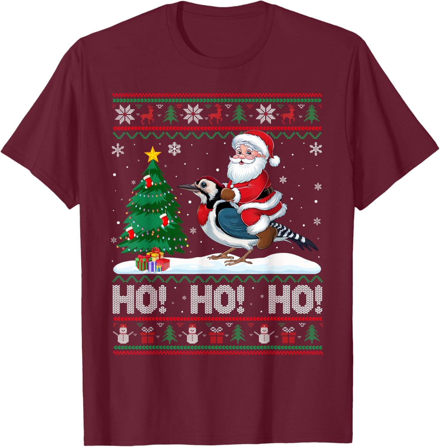 Xmas Tree Lighting Santa Riding Woodpecker Christmas T-Shirt - T-Shirt | Maroon