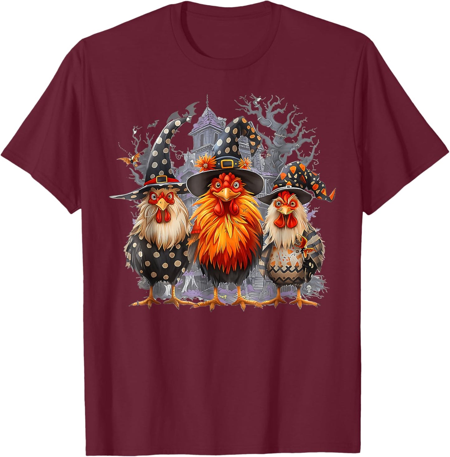 Retro House Chickens Witch Halloween Spooky Autumn Fall T-Shirt - T-Shirt | Maroon