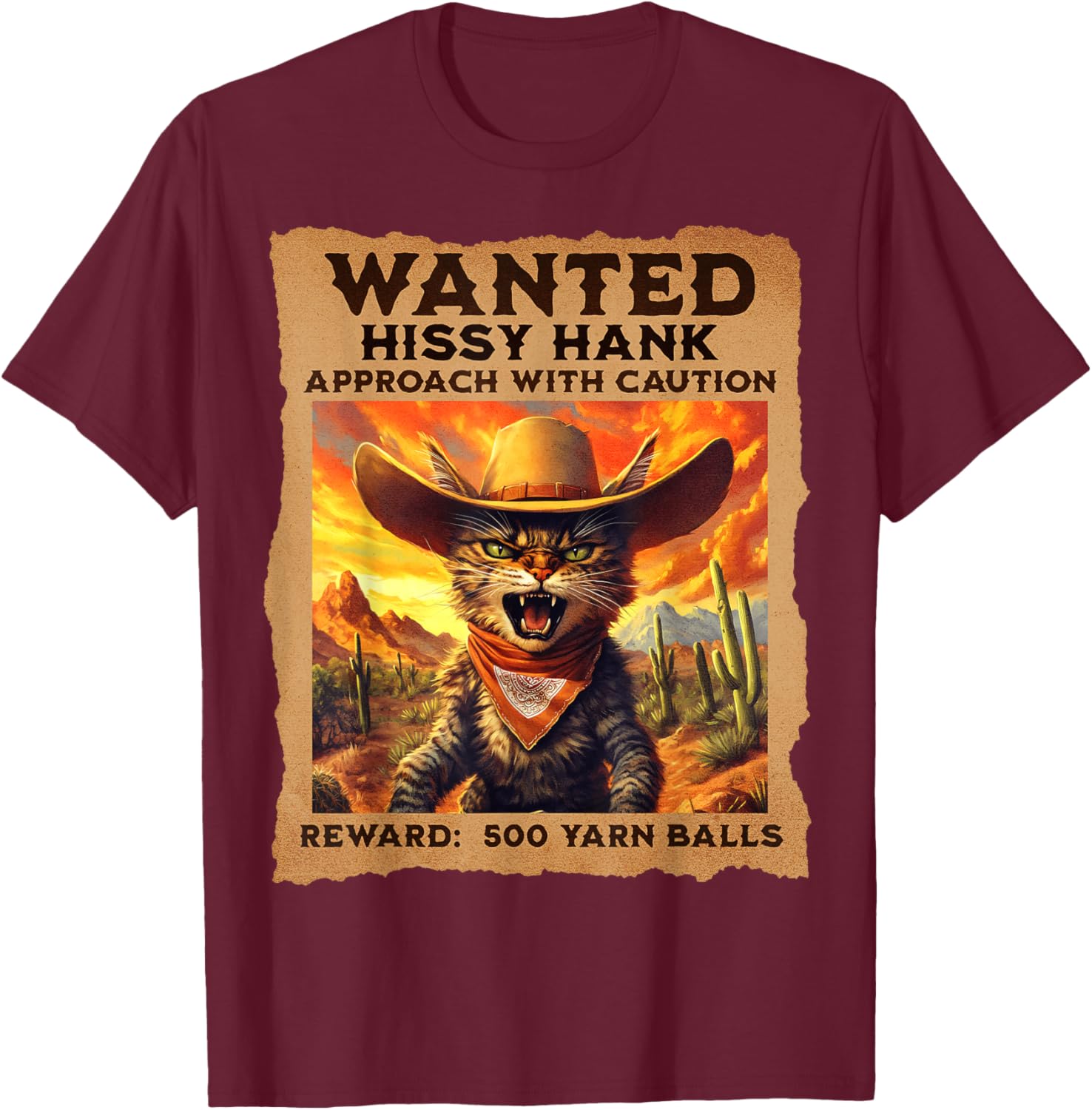 'Wanted: Hissy Hank' Funny Cowboy Cat Western - -Adults and Kids - Black - Small - Short Sleeve T-Shirt - T-Shirt | Maroon