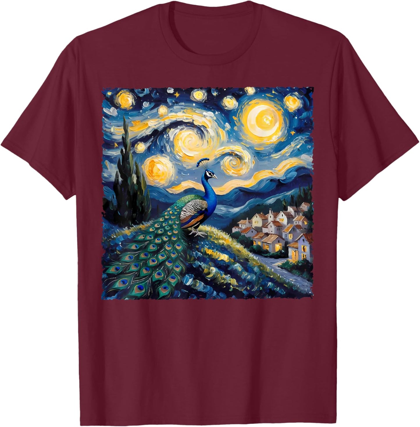 Van Gogh Style Funny Peacock Lover The Starry Night Painting T-Shirt - T-Shirt | Maroon