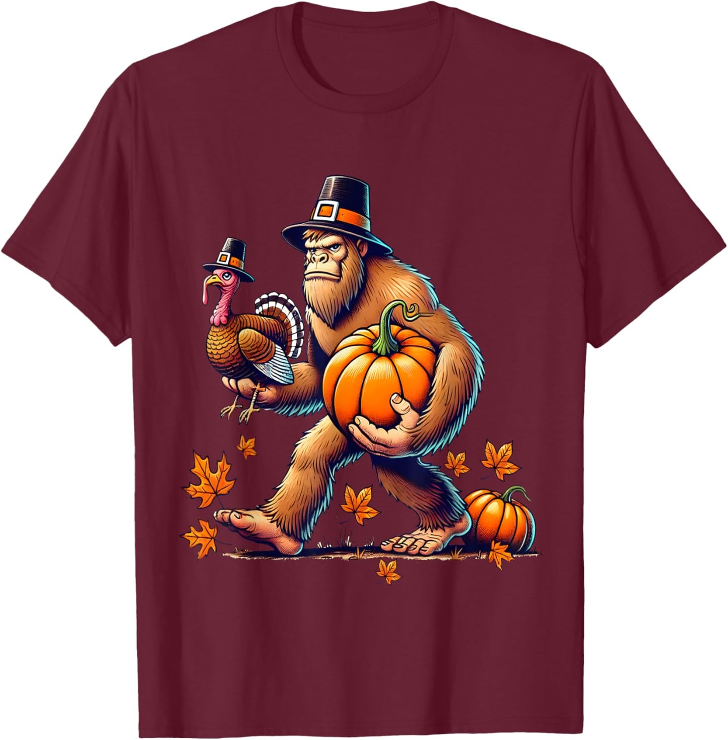 Bigfoot Pilgrim Turkey Pumpkin Funny Thanksgiving Girl Boy T-Shirt - T-Shirt | Maroon