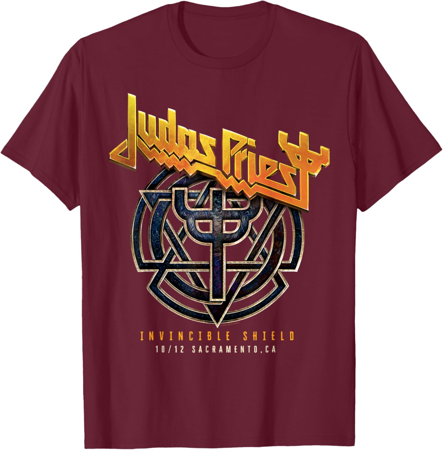 Judas Priest Invincible Shield 2024 Sacramento T-Shirt - T-Shirt | Maroon