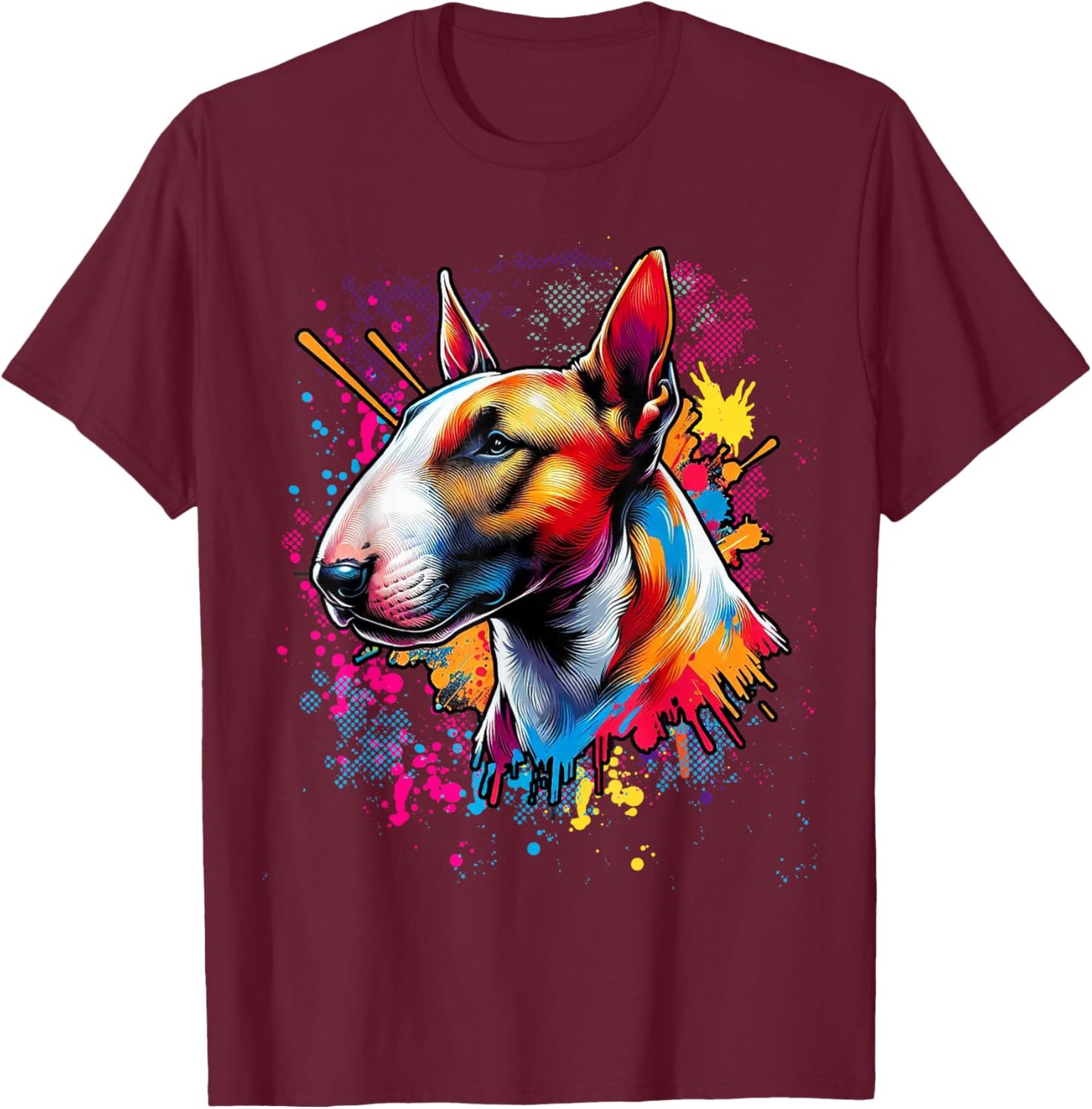 Bull Terrier Lovers Designs -Adults Bull Terrier Lovers Pop Art Funny Bull Terrier - Black - Small - Short Sleeve - Classic Fit - Pop Art Graphic T-Shirt - T-Shirt | Maroon