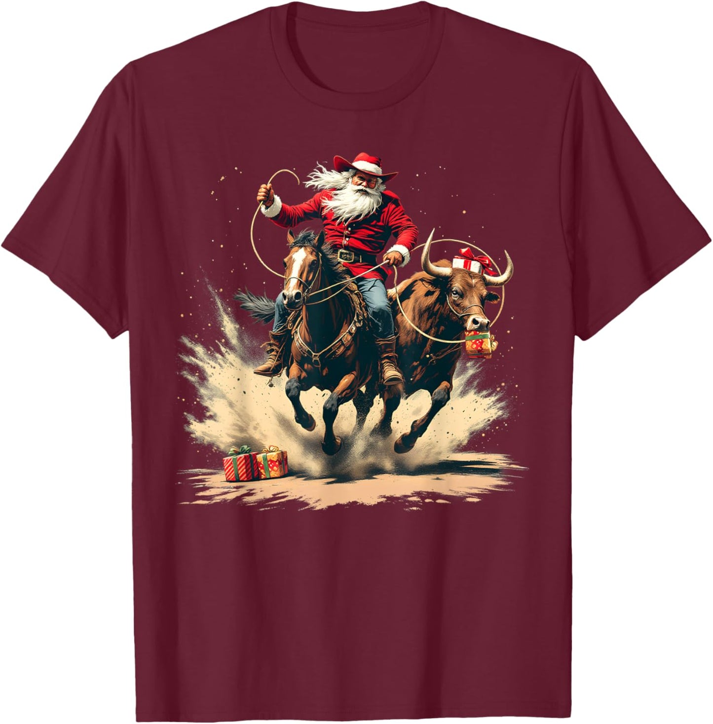 Santa Claus Cowboy Vintage Christmas Horse Cow Men Boy T-Shirt - T-Shirt | Maroon