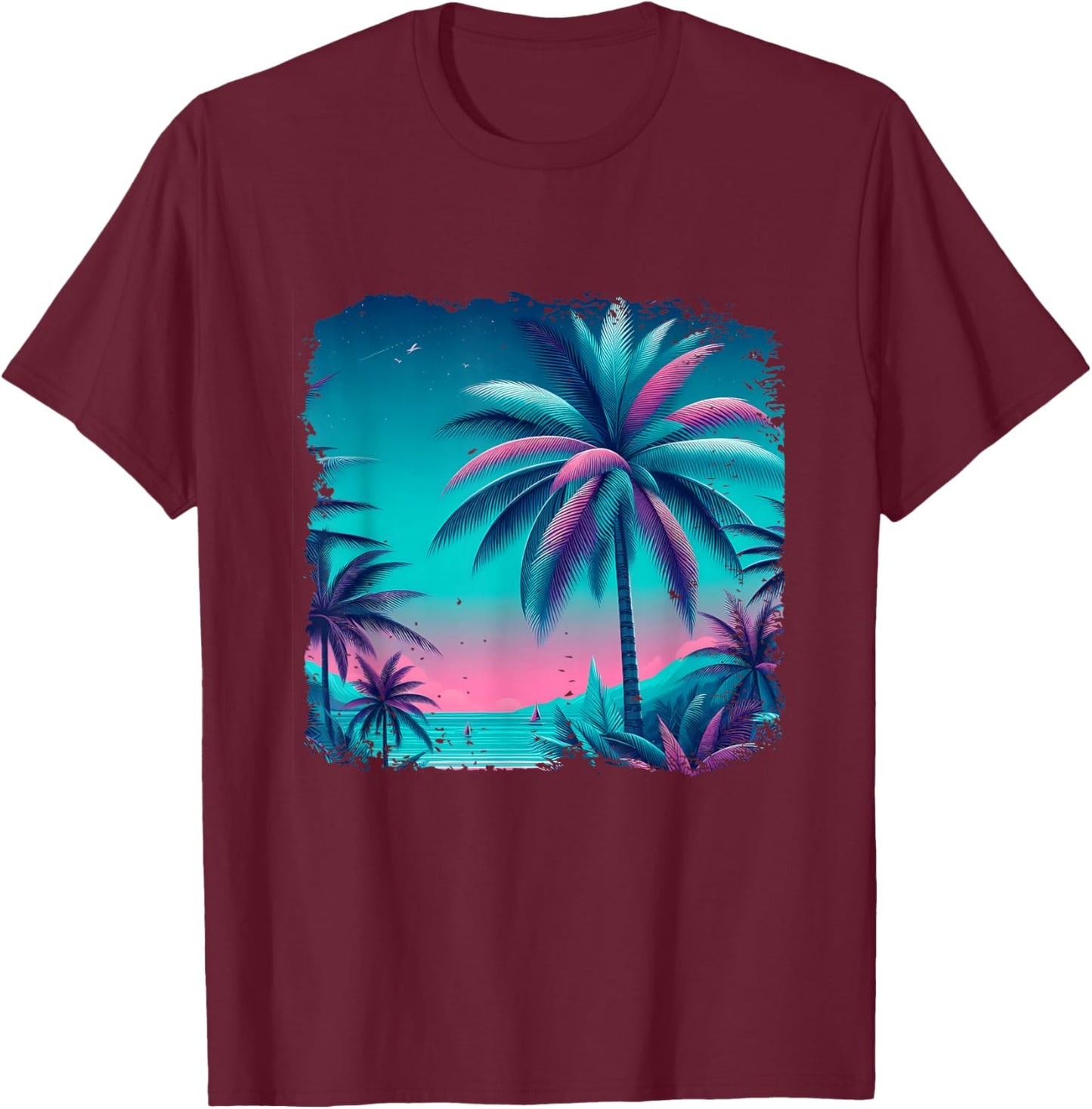 Palm a Trees Tropical Teal Turquoise Purple Beach Vacation T-Shirt - T-Shirt | Maroon