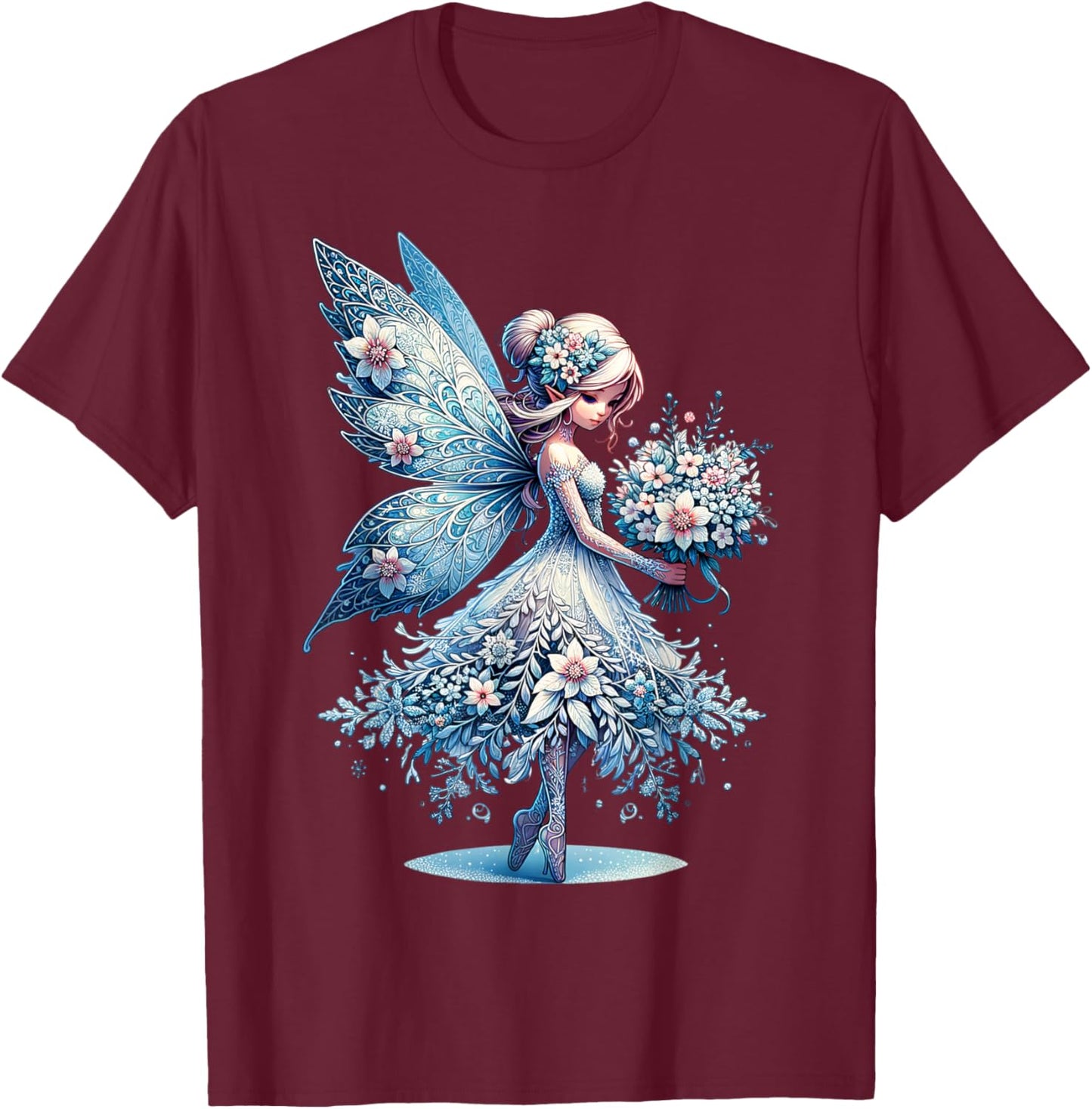 Floral Frost Fairy Blossoms of Winter in a Christmas Wonder T-Shirt - T-Shirt | Maroon