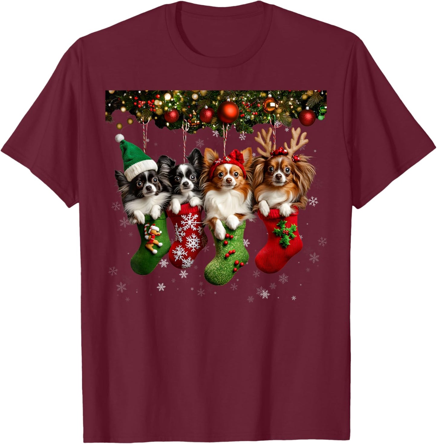 Papillon Christmas Lights Funny Xmas Dog Lover Women Kids T-Shirt - T-Shirt | Maroon