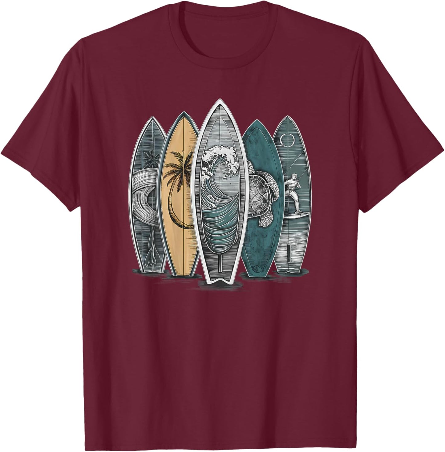 On Back Surfing Tropical Surfboards Vintage Surfboard Surfer T-Shirt - T-Shirt | Maroon