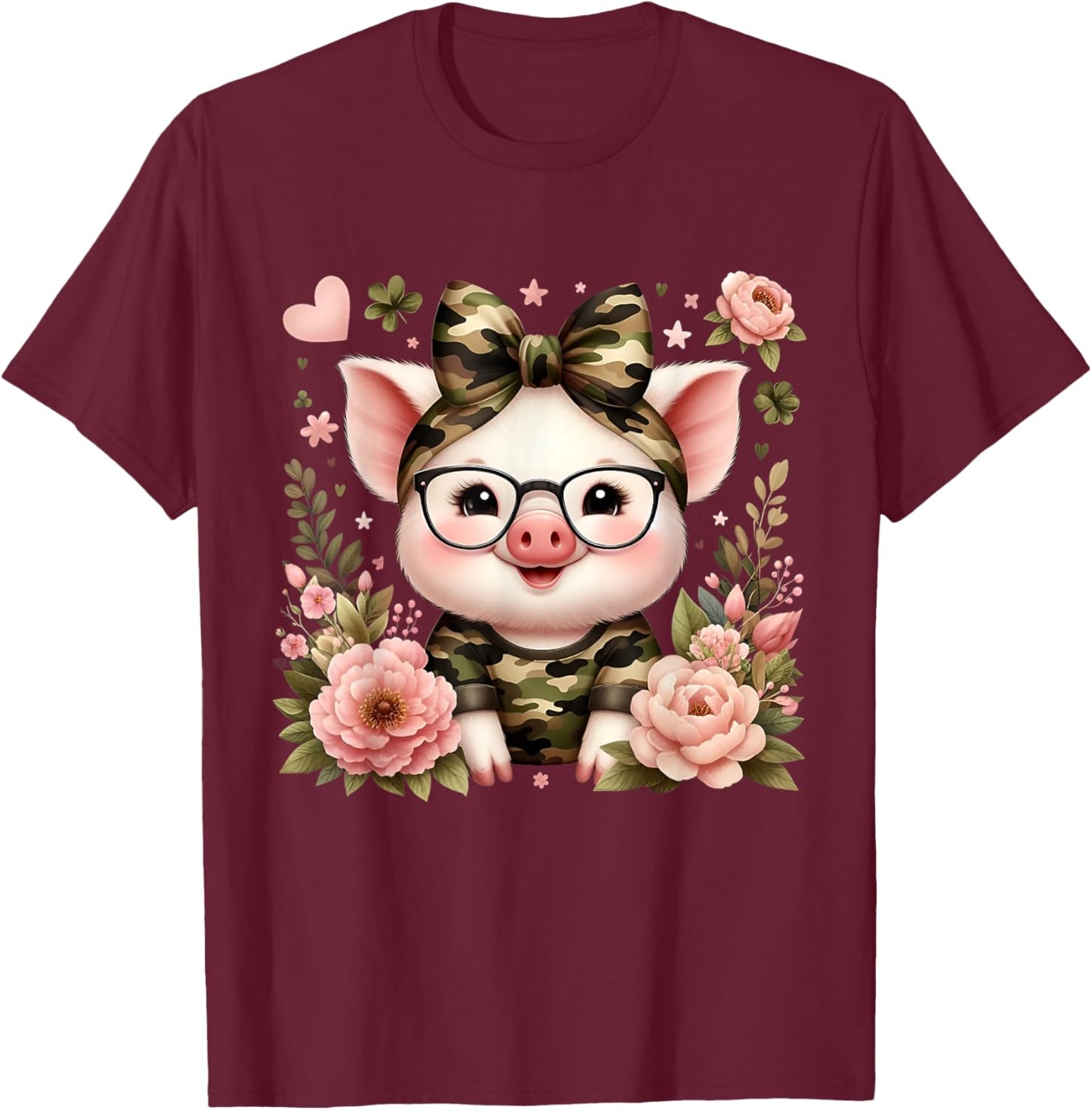 Cute Pig Camouflage Camo Coquette Bow Headband Flower T-Shirt - T-Shirt | Maroon
