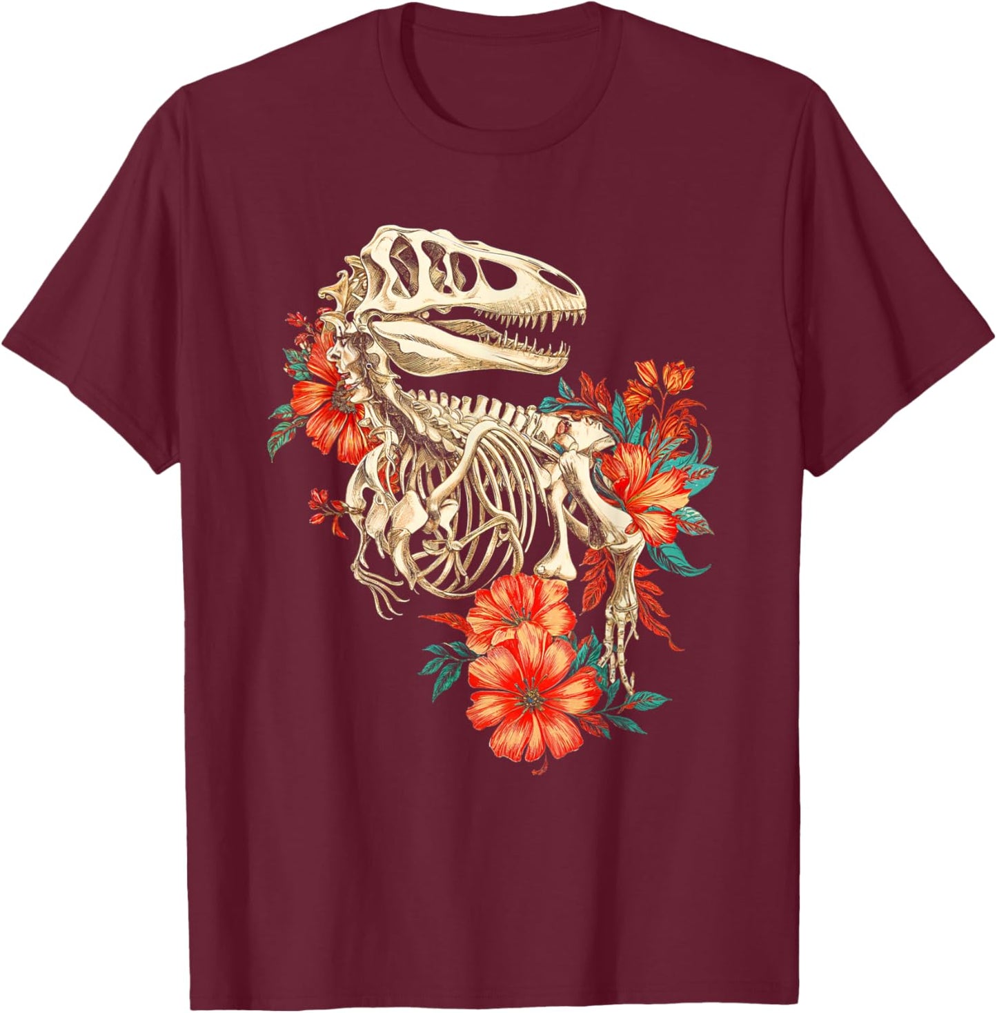Rex Skeleton Bones Flowers Dino Paleontology Dinosaur T-Shirt - T-Shirt | Maroon