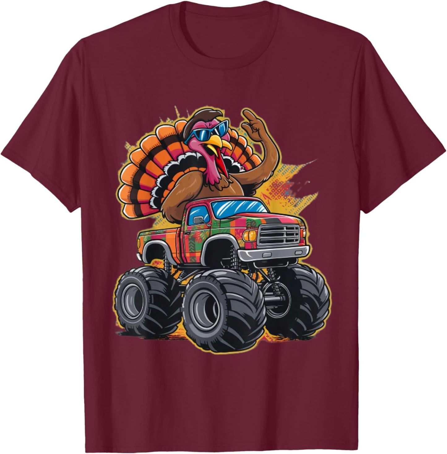 Thanksgiving Turkey Riding Monster Truck Boys Kids T-Shirt - T-Shirt | Maroon