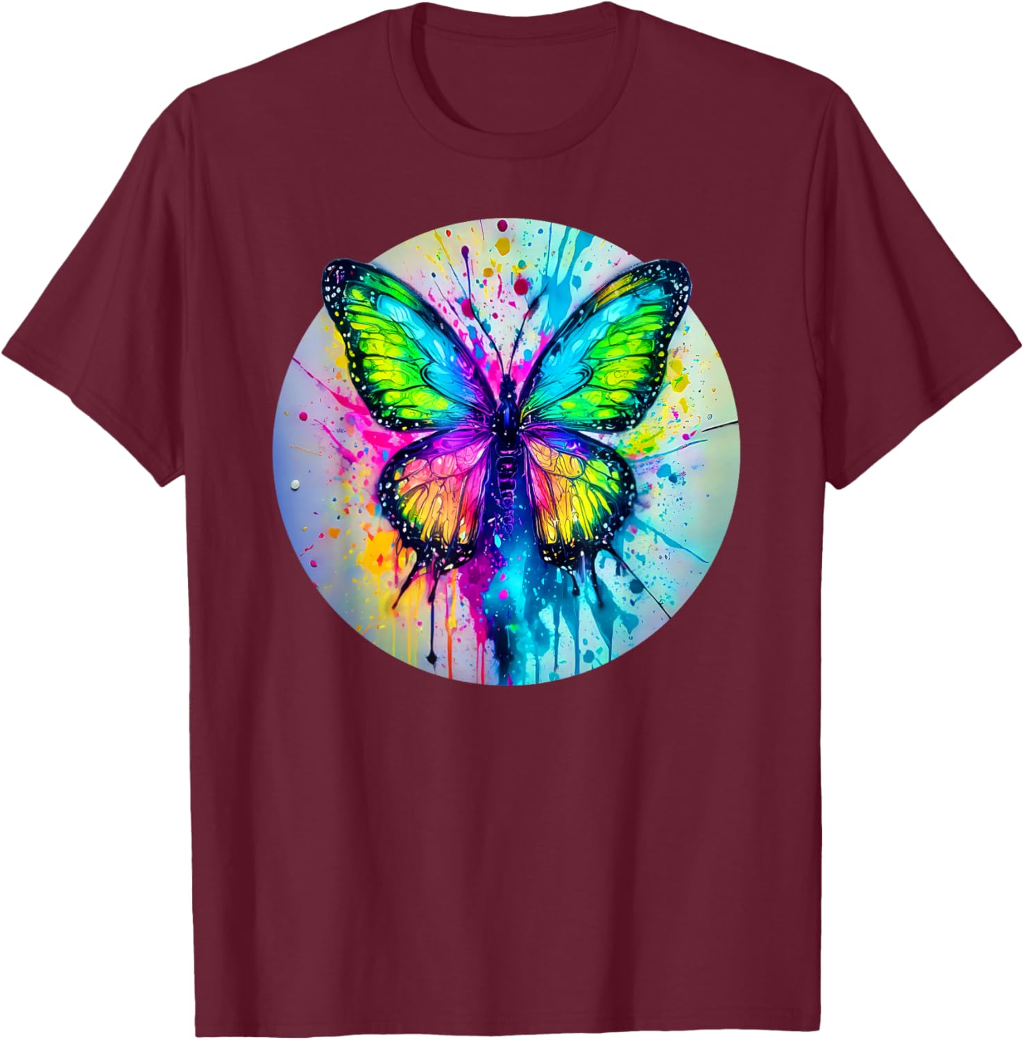 Bright Butterfly Spray Splatter Dripping Paint Pop Art Style T-Shirt - T-Shirt | Maroon