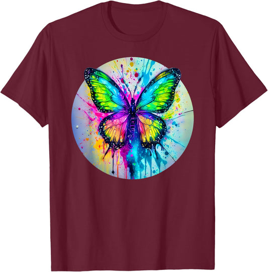 Bright Butterfly Spray Splatter Dripping Paint Pop Art Style T-Shirt - T-Shirt | Maroon