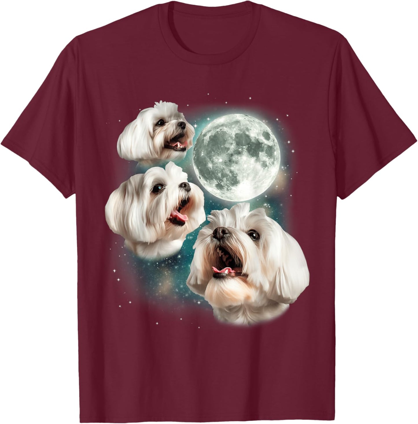 Three Maltese Moon | 3 Cute Howling Dogs Maltese Lover Puppy T-Shirt - T-Shirt | Maroon