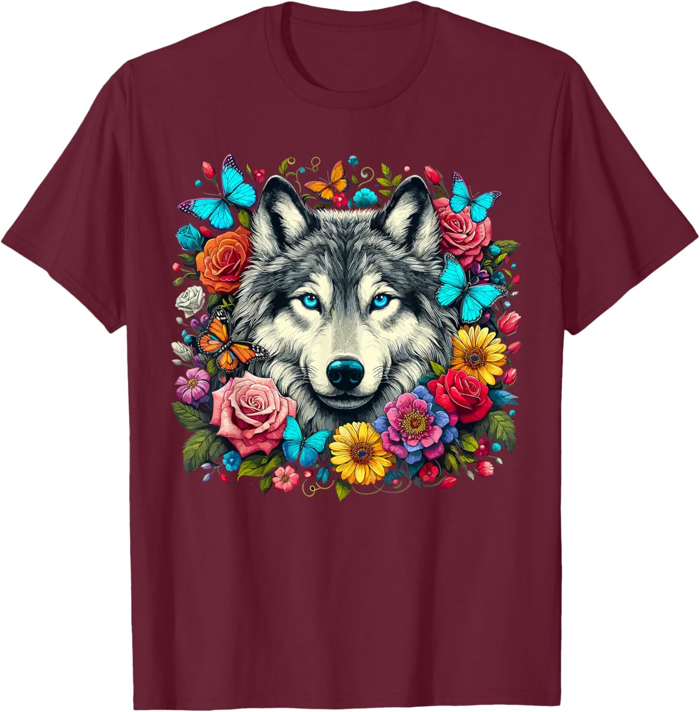 Wolf Animal With Flowers T-Shirt - T-Shirt | Maroon