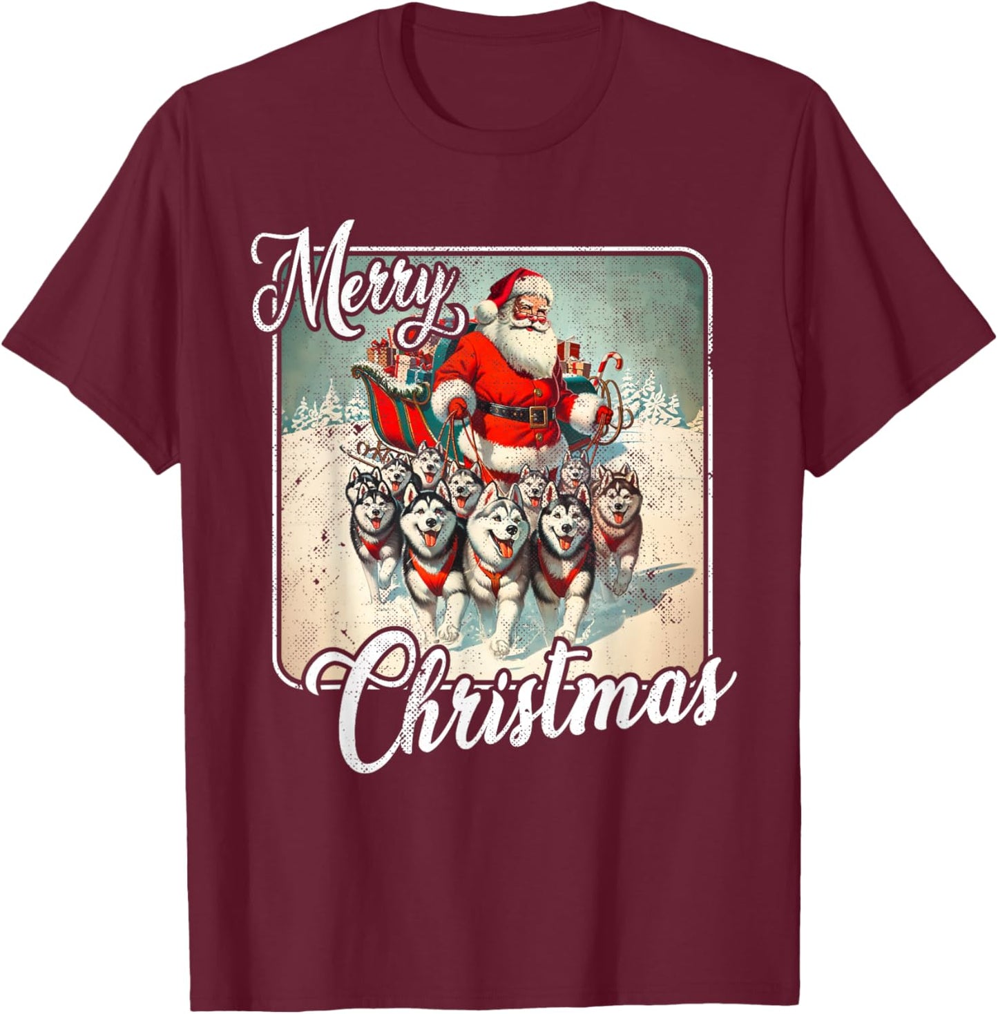Vintage Husky Family Christmas Huskies Pulling Santa Sleigh T-Shirt - T-Shirt | Maroon