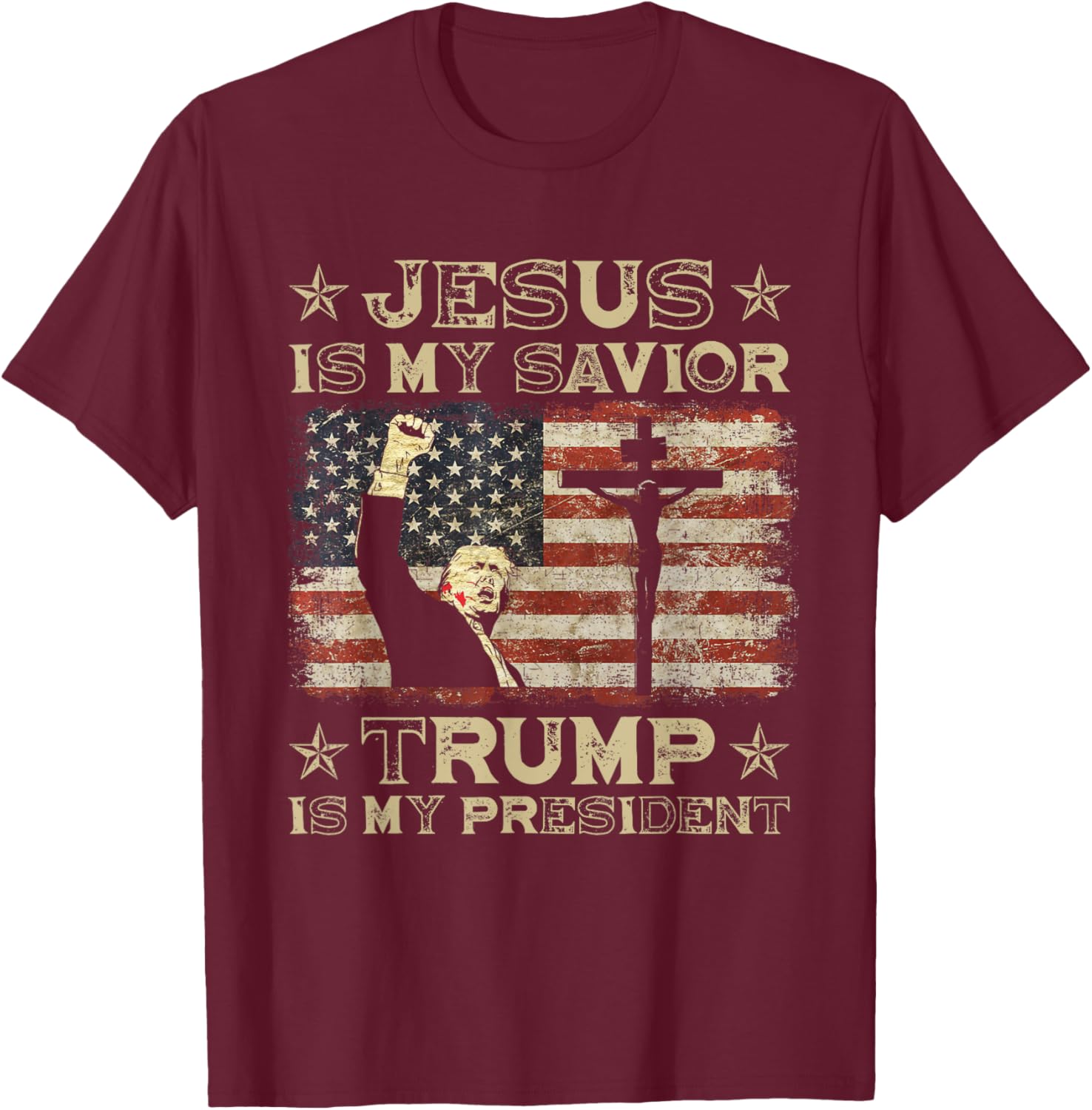 Jesus Is My Savior Trump Is My President Trump 2024 USA Flag T-Shirt - T-Shirt | Maroon