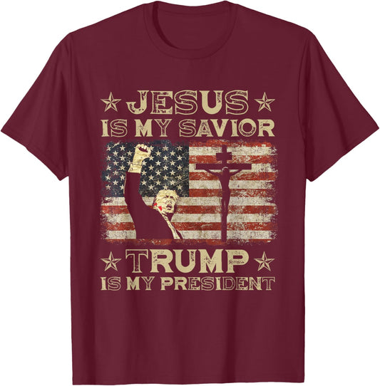 Jesus Is My Savior Trump Is My President Trump 2024 USA Flag T-Shirt - T-Shirt | Maroon