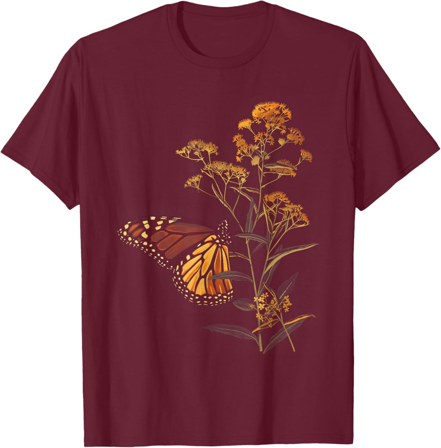 Vintage Monarch Butterfly Goldenrod Flower Girl Plant Mom T-Shirt - T-Shirt | Maroon
