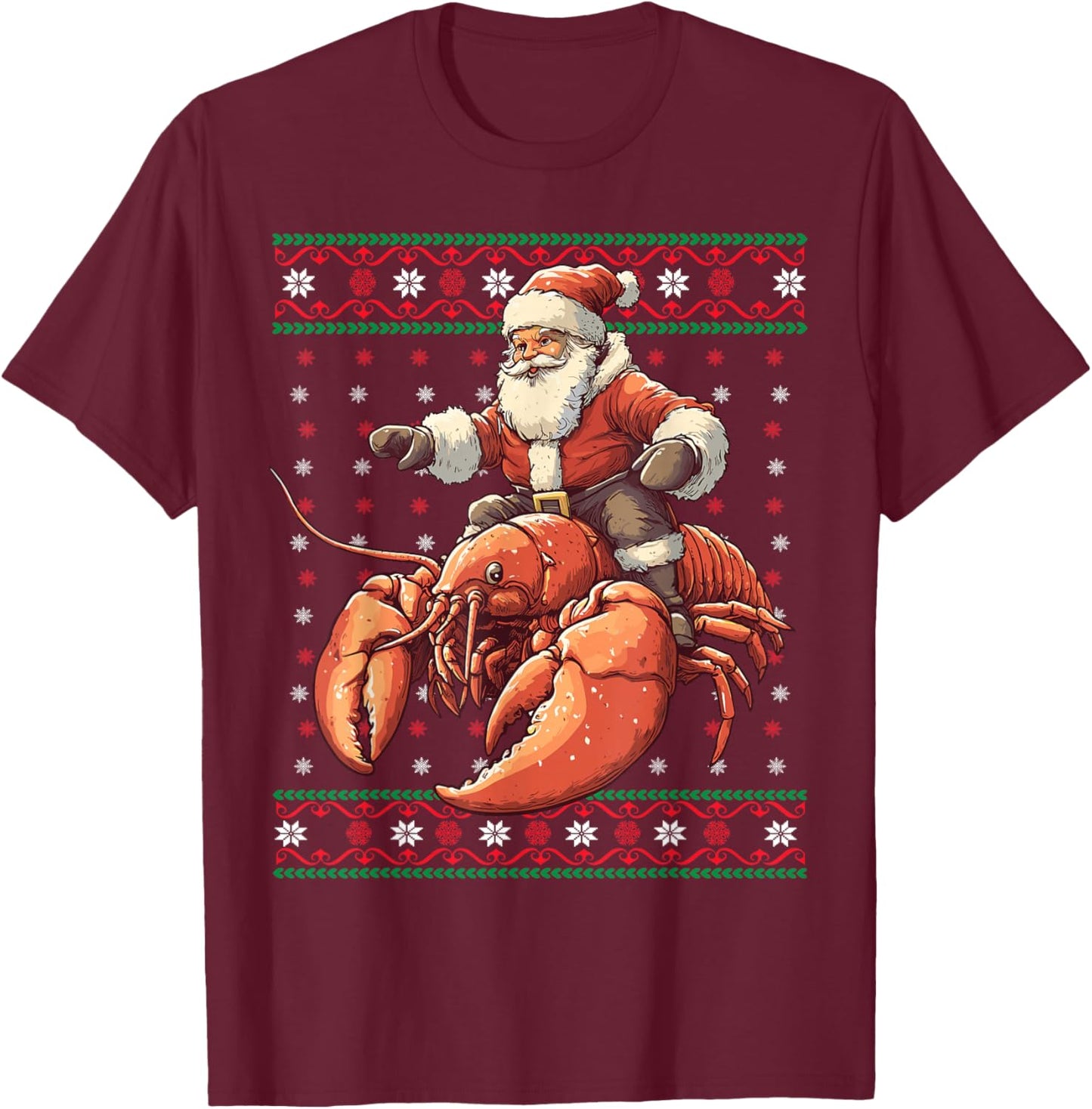 Santa Riding Lobster Funny Lobster Ugly Christmas Pajama T-Shirt - T-Shirt | Maroon