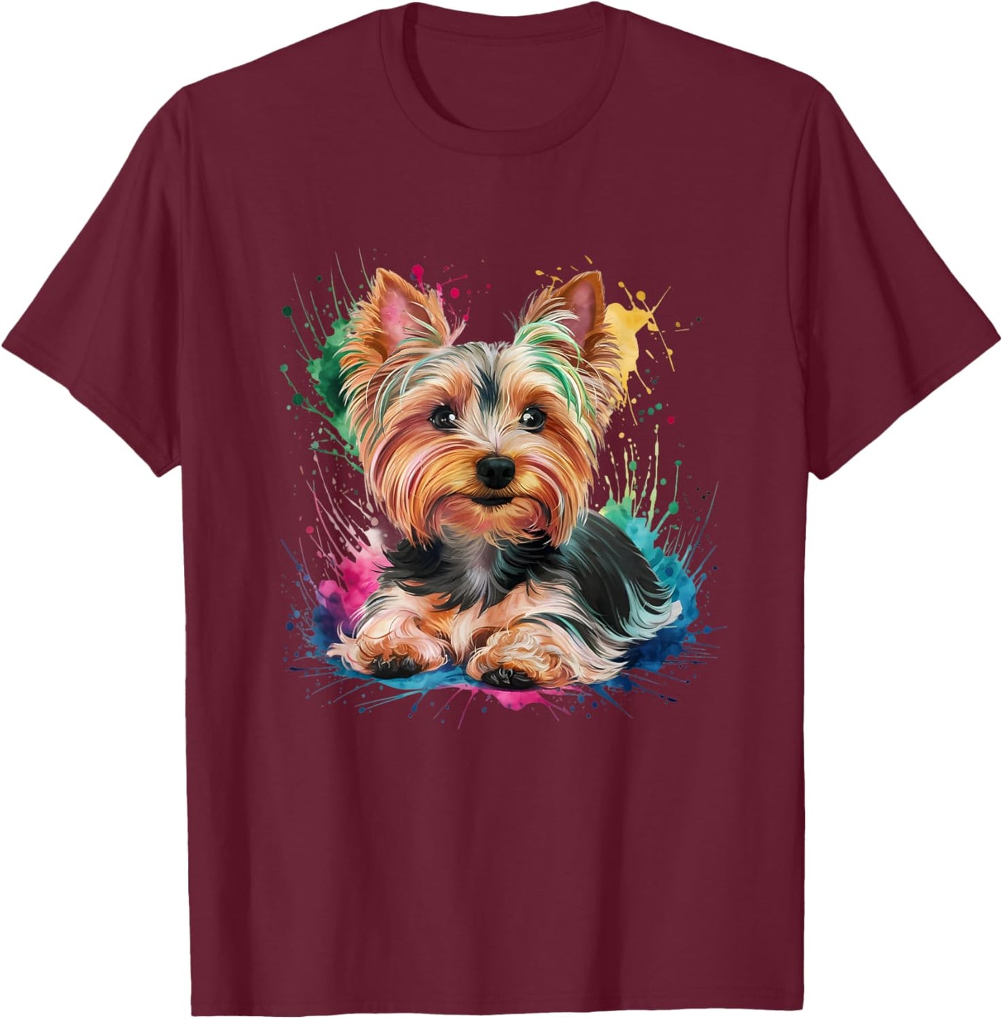 Men Woman Colorful Watercolor Yorkshire Terrier T-Shirt - T-Shirt | Maroon