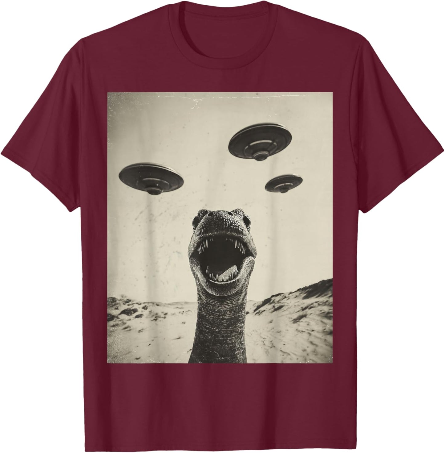 Funny Loch Ness Monster Selfie with UFOs Weird Loch Ness T-Shirt - T-Shirt | Maroon