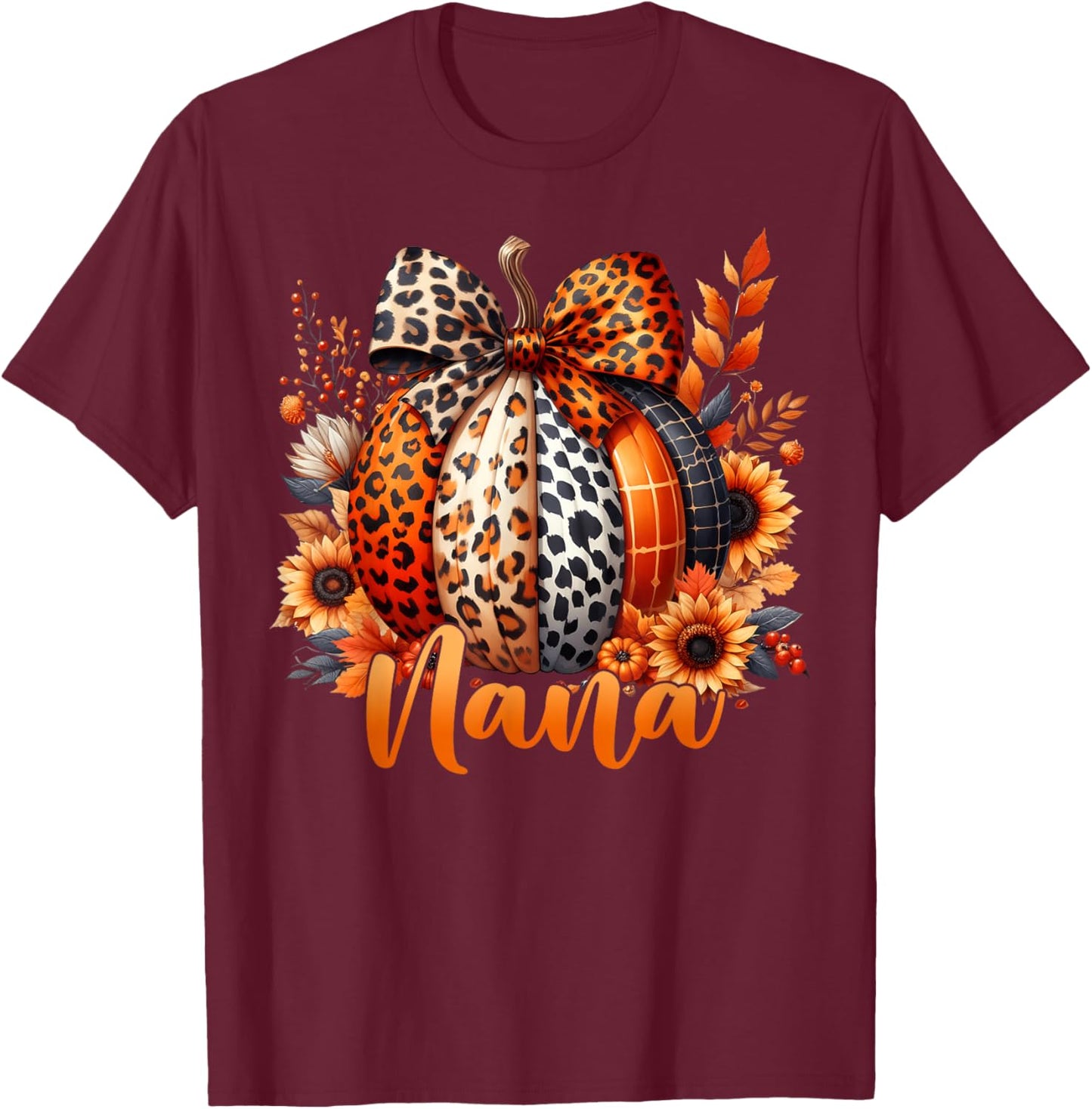 Nana Thanksgiving Leopard Pumpkin Sunflower Coquette Bow T-Shirt - T-Shirt | Maroon