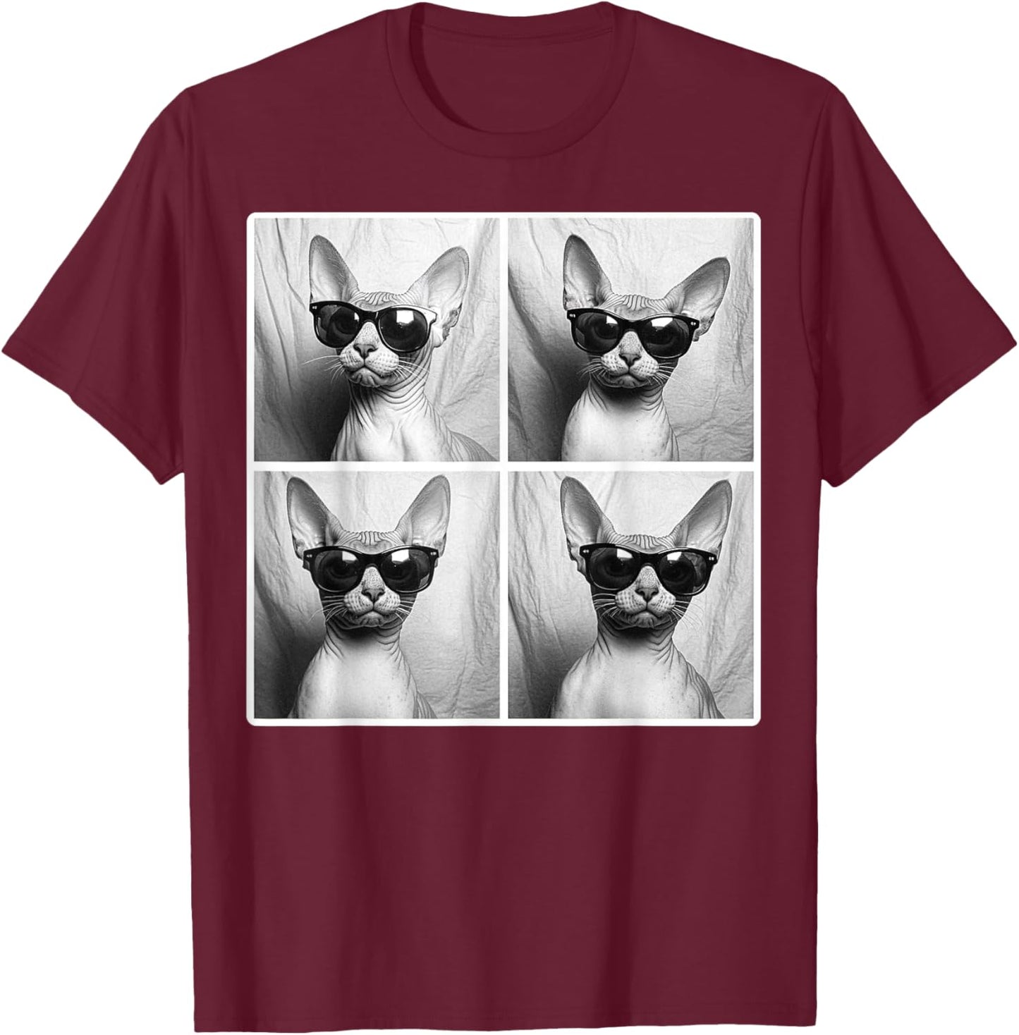 Sphynx Cat Wearing Sunglasses Funny Photobooth Cat Selfie Men Women Girls Kids T-Shirt - T-Shirt | Maroon