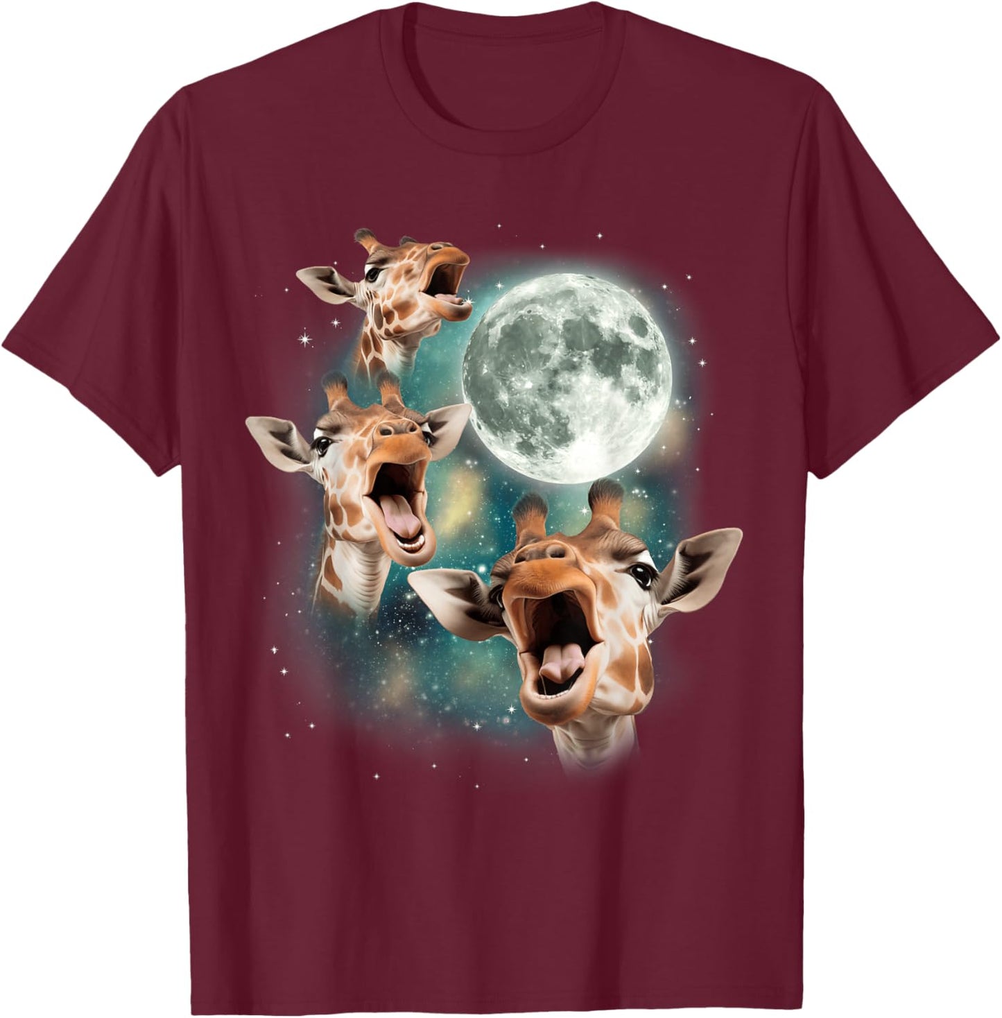 Three Giraffes Howling at Moon | 3 Savanna Wildlife Animals T-Shirt - T-Shirt | Maroon