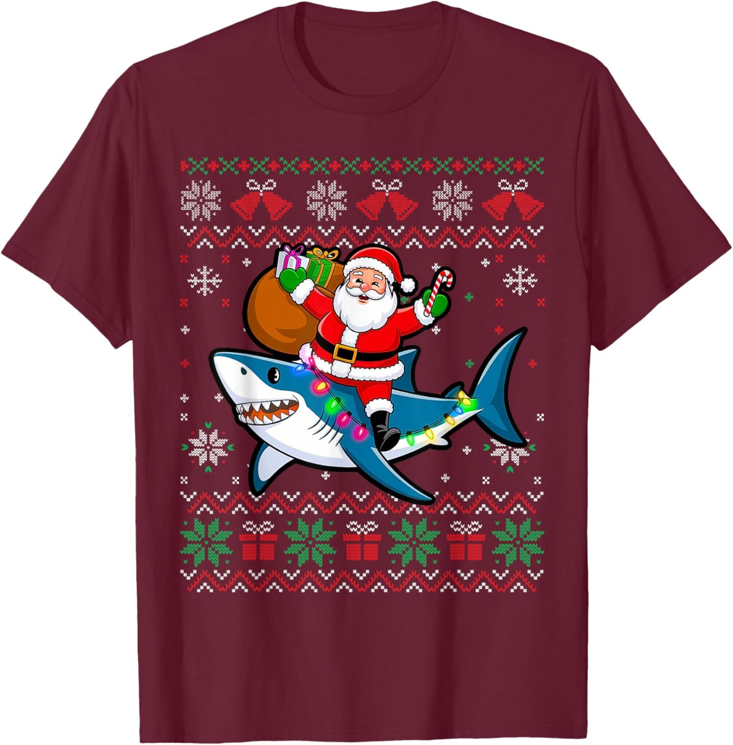 Funny Ugly Christmas Santa Riding Shark Holiday Gifts T-Shirt - T-Shirt | Maroon