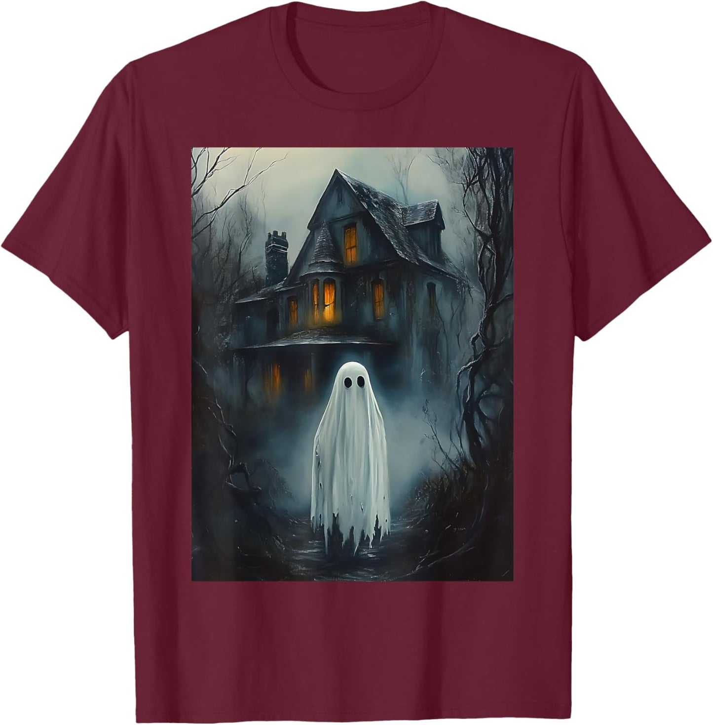 Vintage Haunted House Halloween Midnight Spooky Ghost Horror T-Shirt - T-Shirt | Maroon