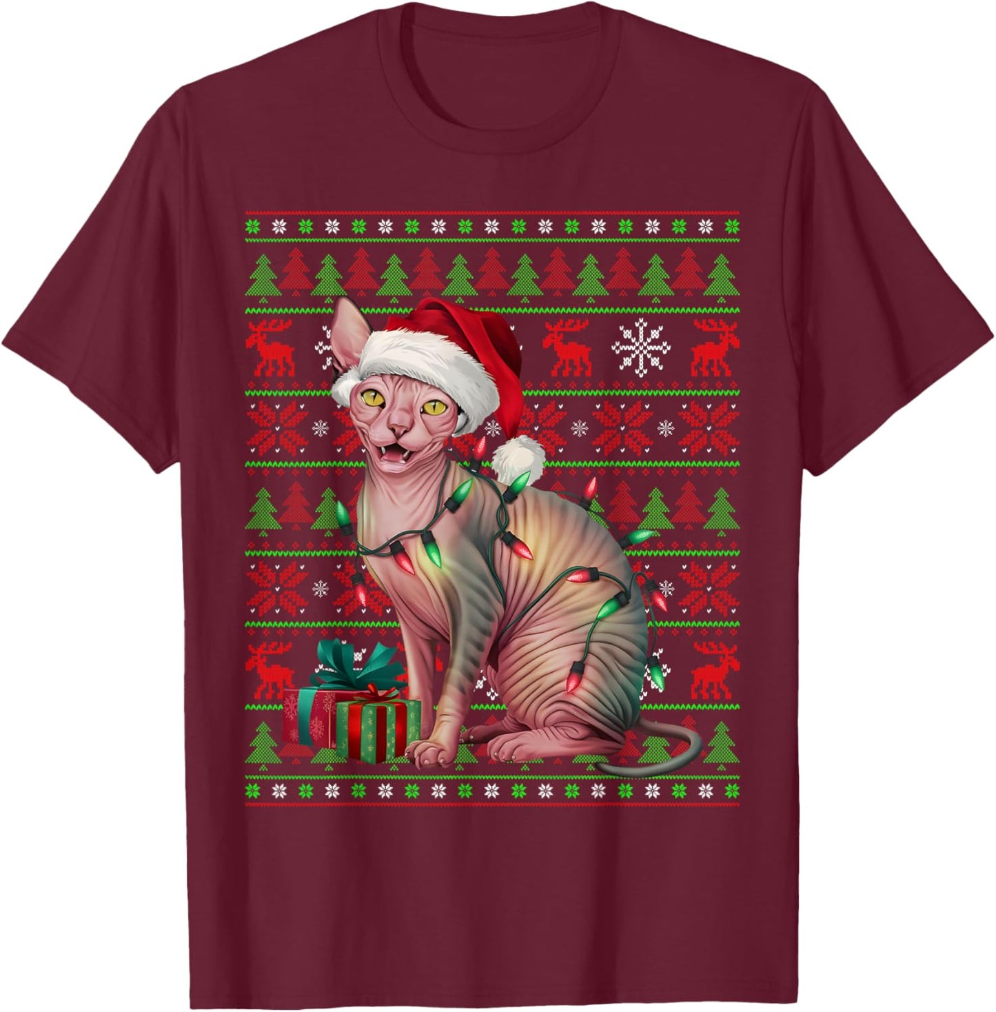 Sphynx Cat Xmas Lights Ugly Santa Hat Sphynx Cat Christmas Women Kids T-Shirt - T-Shirt | Maroon