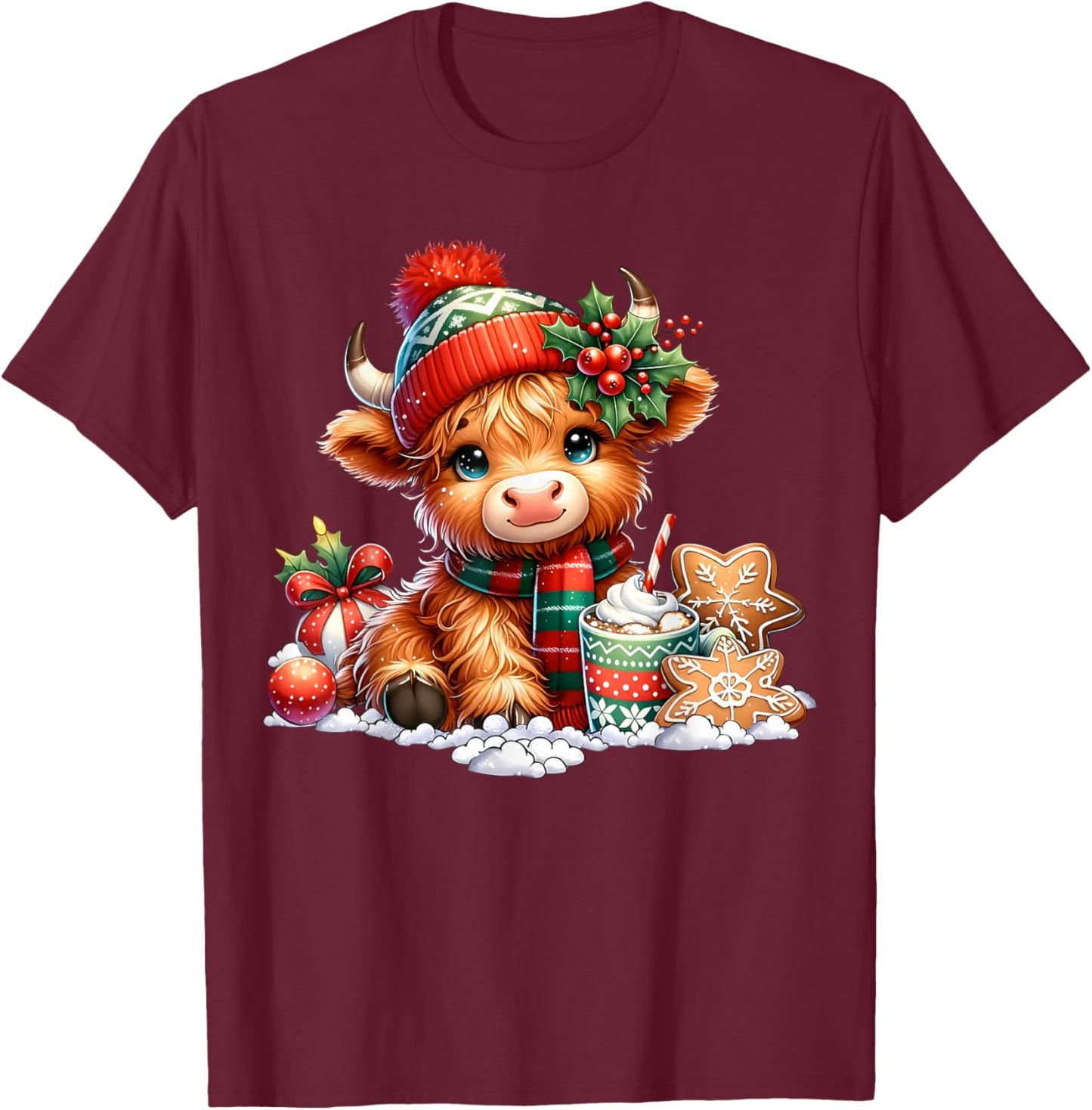 Christmas Highland Cow Cute Heifer Cow Santa Hat Mooey Xmas T-Shirt - T-Shirt | Maroon