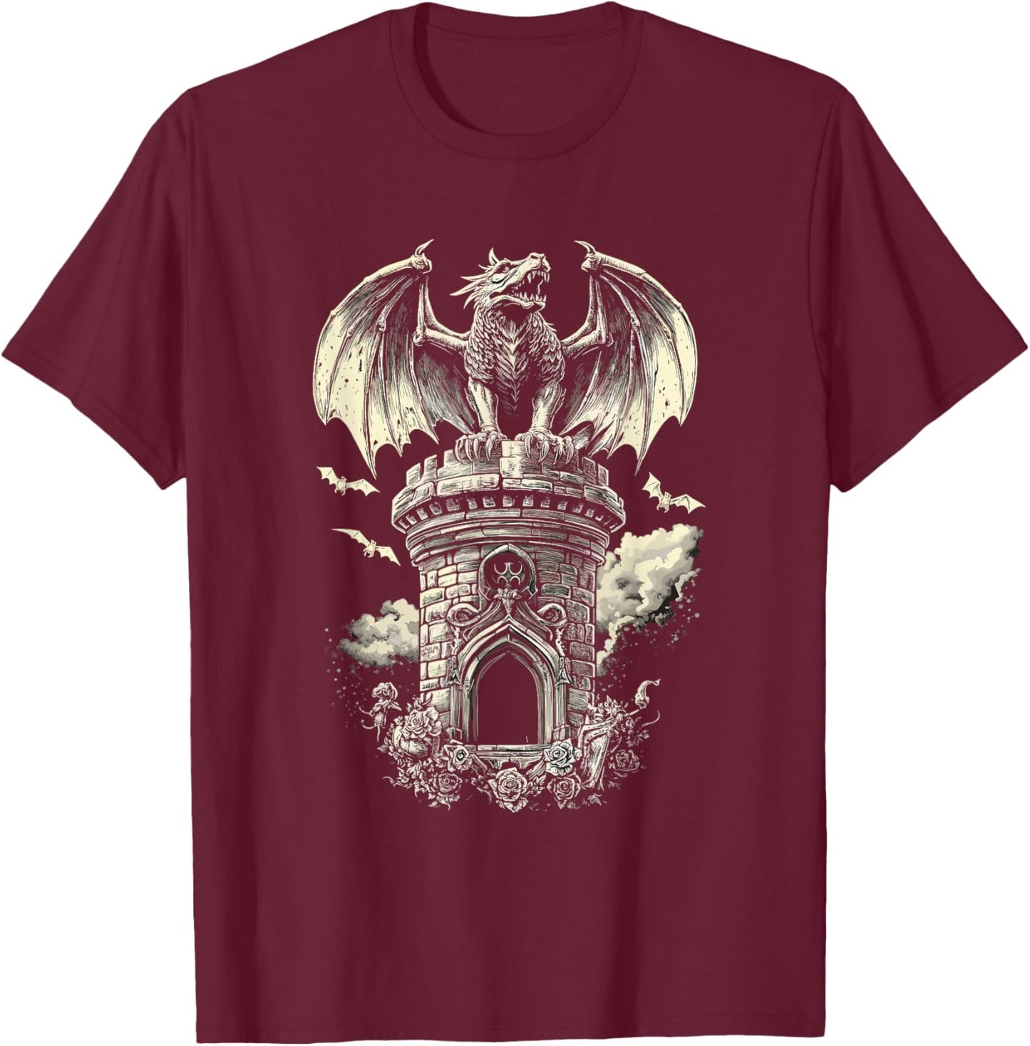 Dragon on Tower with Bats - Gothic T-Shirt - T-Shirt | Maroon