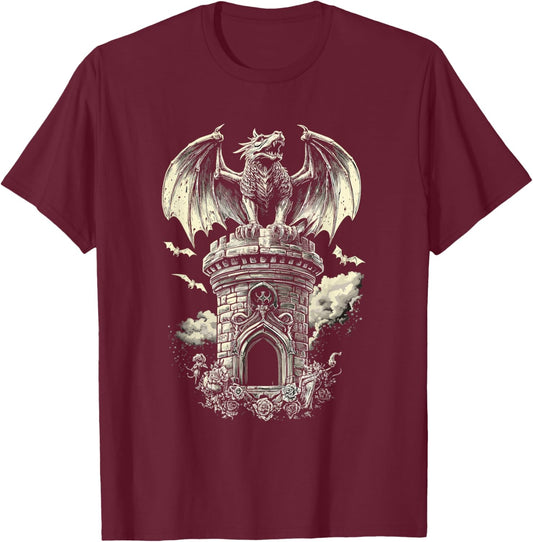 Dragon on Tower with Bats - Gothic T-Shirt - T-Shirt | Maroon