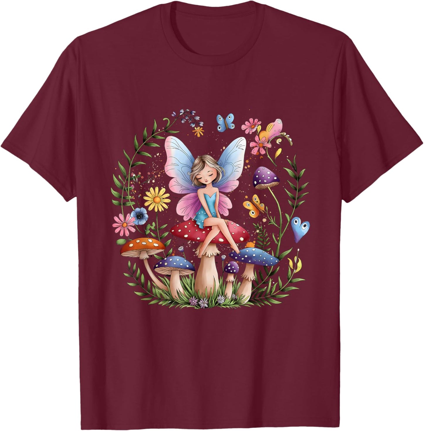Enchanted Forest Fairy Fantasy Mystical Butterfly Mushroom T-Shirt - T-Shirt | Maroon